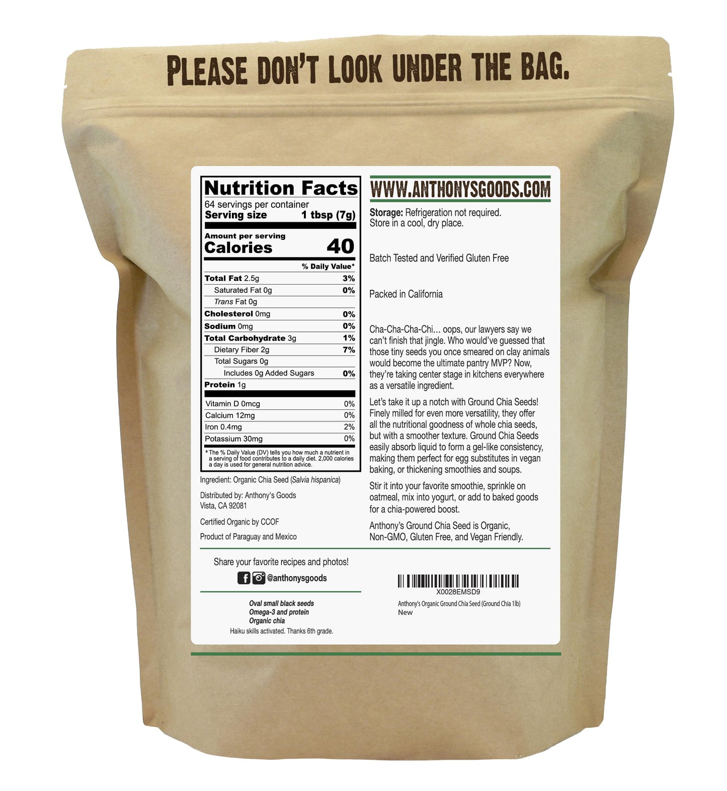 Anthony's Organic Ground Chia Seed, 1 lb, Finely Ground, Cold Milled, Gluten Free, Non GMO