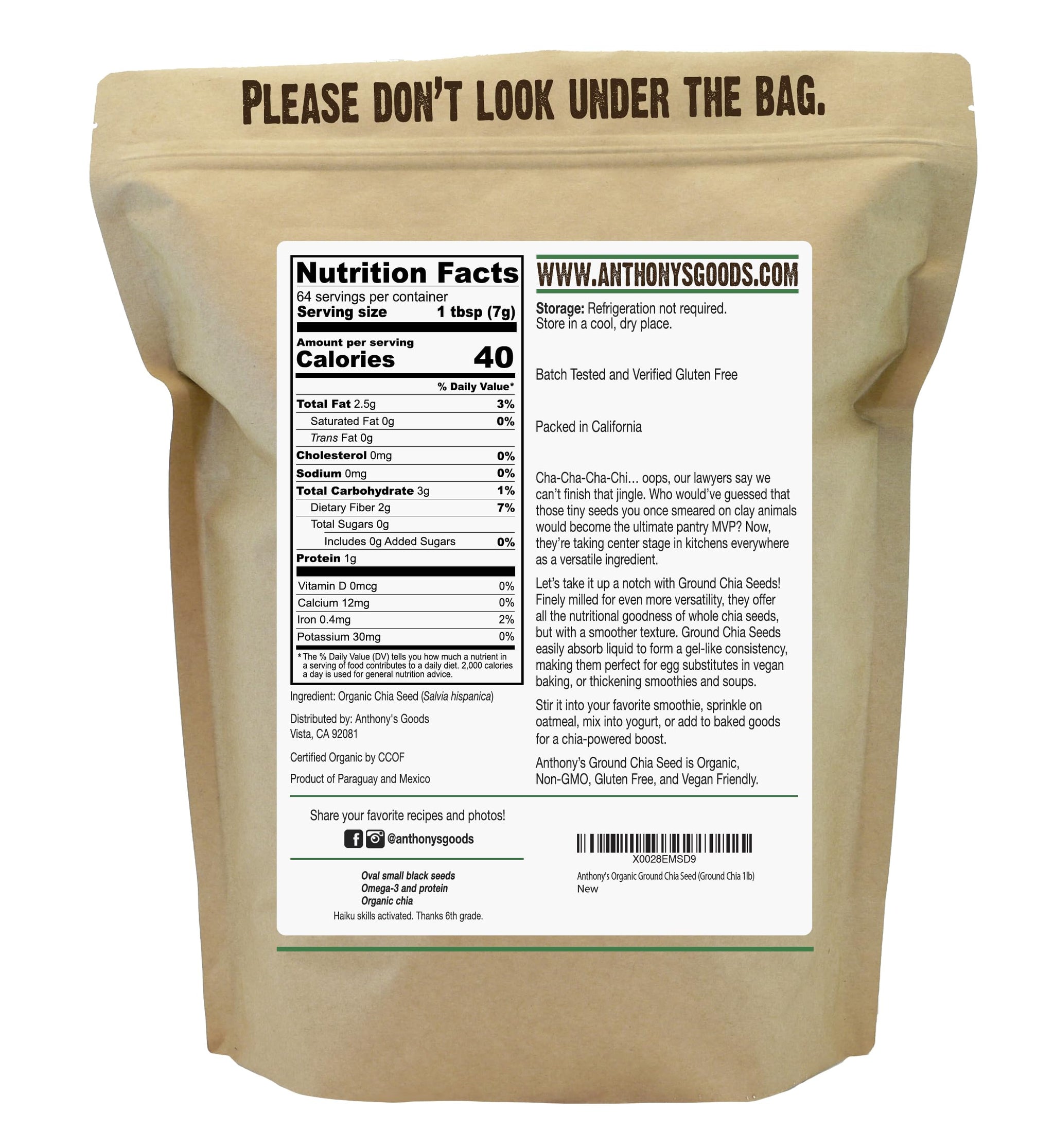Anthony's Organic Ground Chia Seed, 1 lb, Finely Ground, Cold Milled, Gluten Free, Non GMO