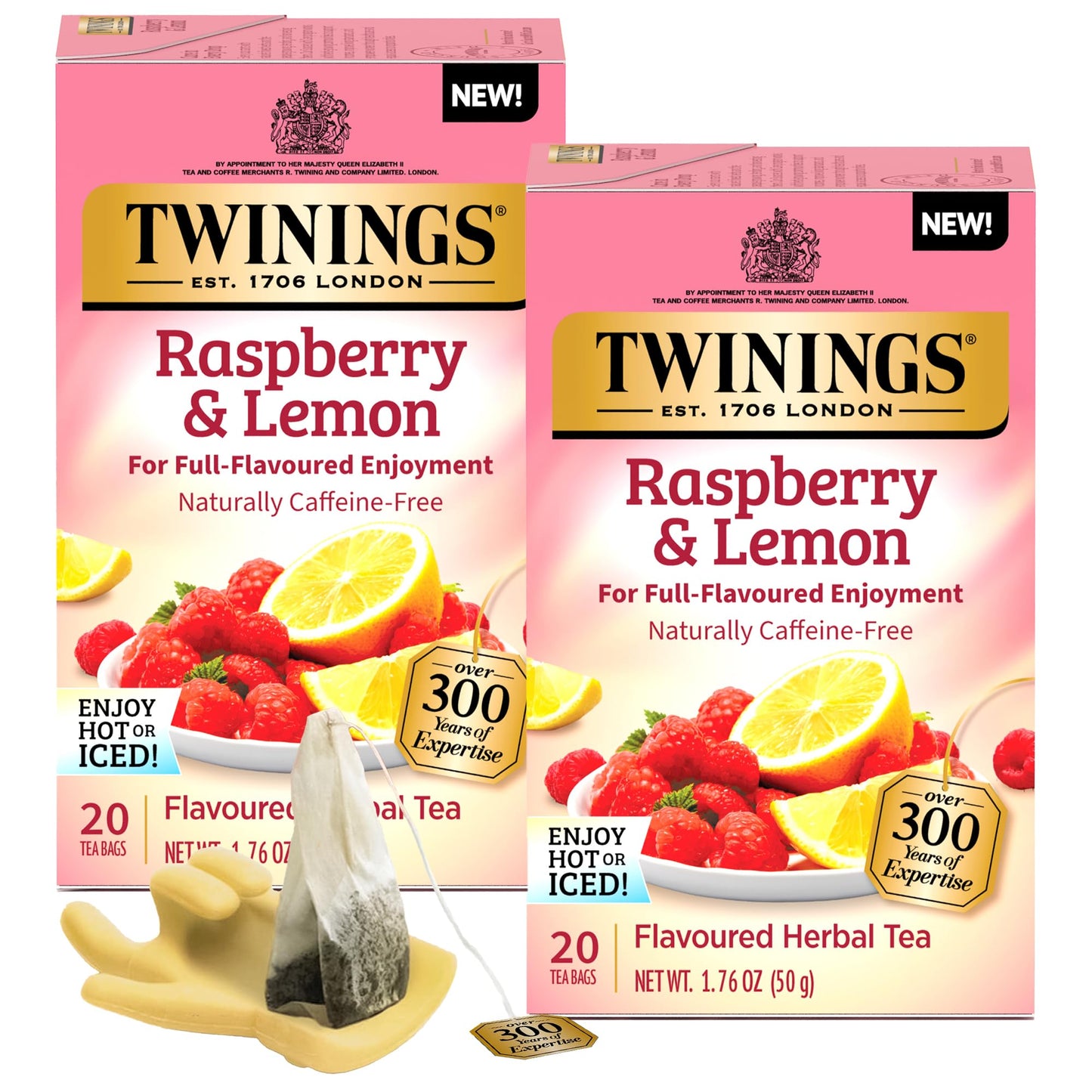 Twinings Raspberry & Lemon Herbal Tea 2-Pack (20 Tea Bags Ea) - Naturally Caffeine-Free Tea + Reusable Tea Bag Holder