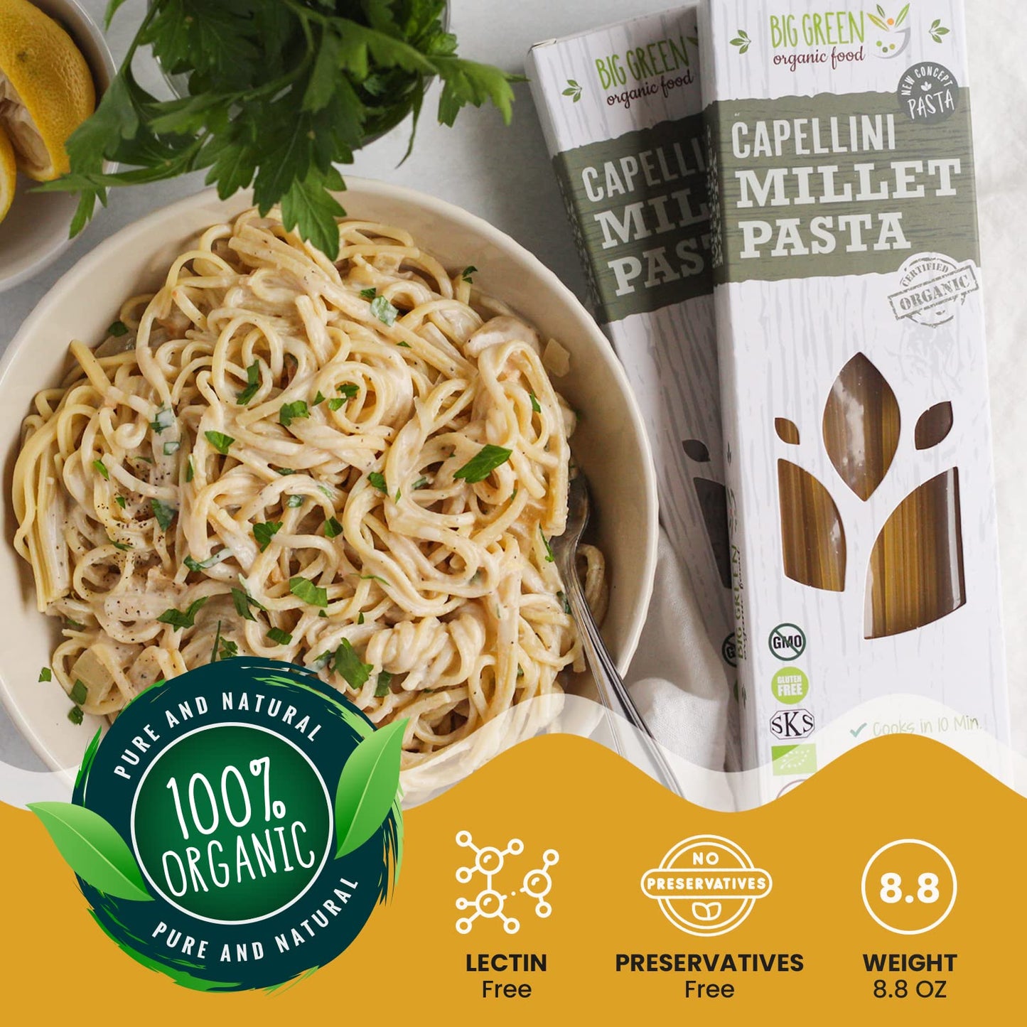 Big Green Organic Food- Organic Millet Capellini, Gluten-Free, Lectin-Free, Non-GMO, Vegan, Wheat and Rice Alternative, 8.8oz (1)