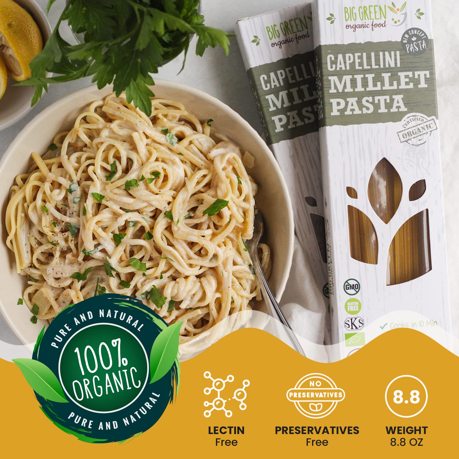 Big Green Organic Food- Organic Millet Capellini, Gluten-Free, Lectin-Free, Non-GMO, Vegan, Wheat and Rice Alternative, 8.8oz (1)