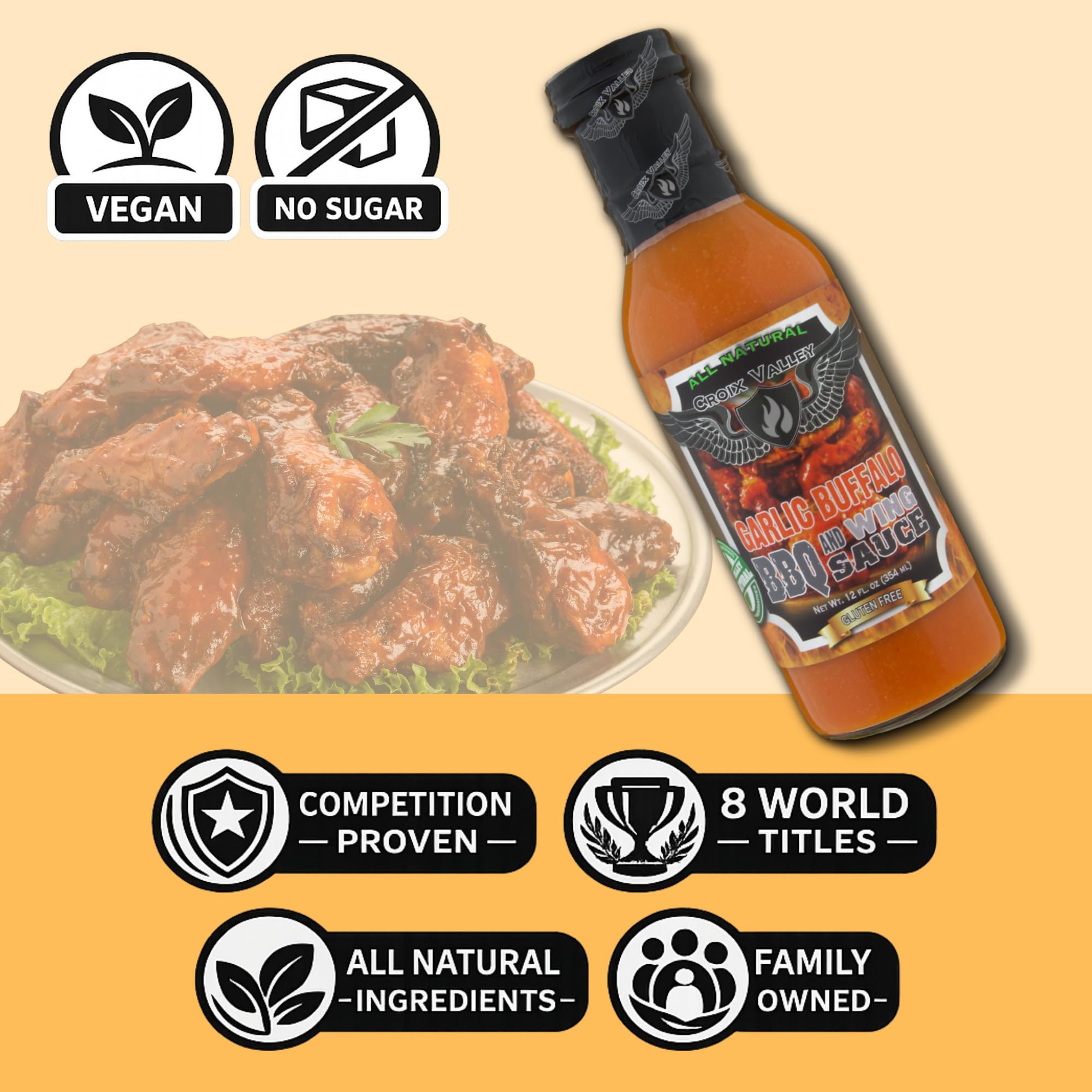 Croix Valley Garlic Buffalo BBQ & Wing Sauce - 3 Pack (12 oz Glass Bottles) - Classic Buffalo Heat with Savory Garlic Depth - Gluten-Free, No MSG, No