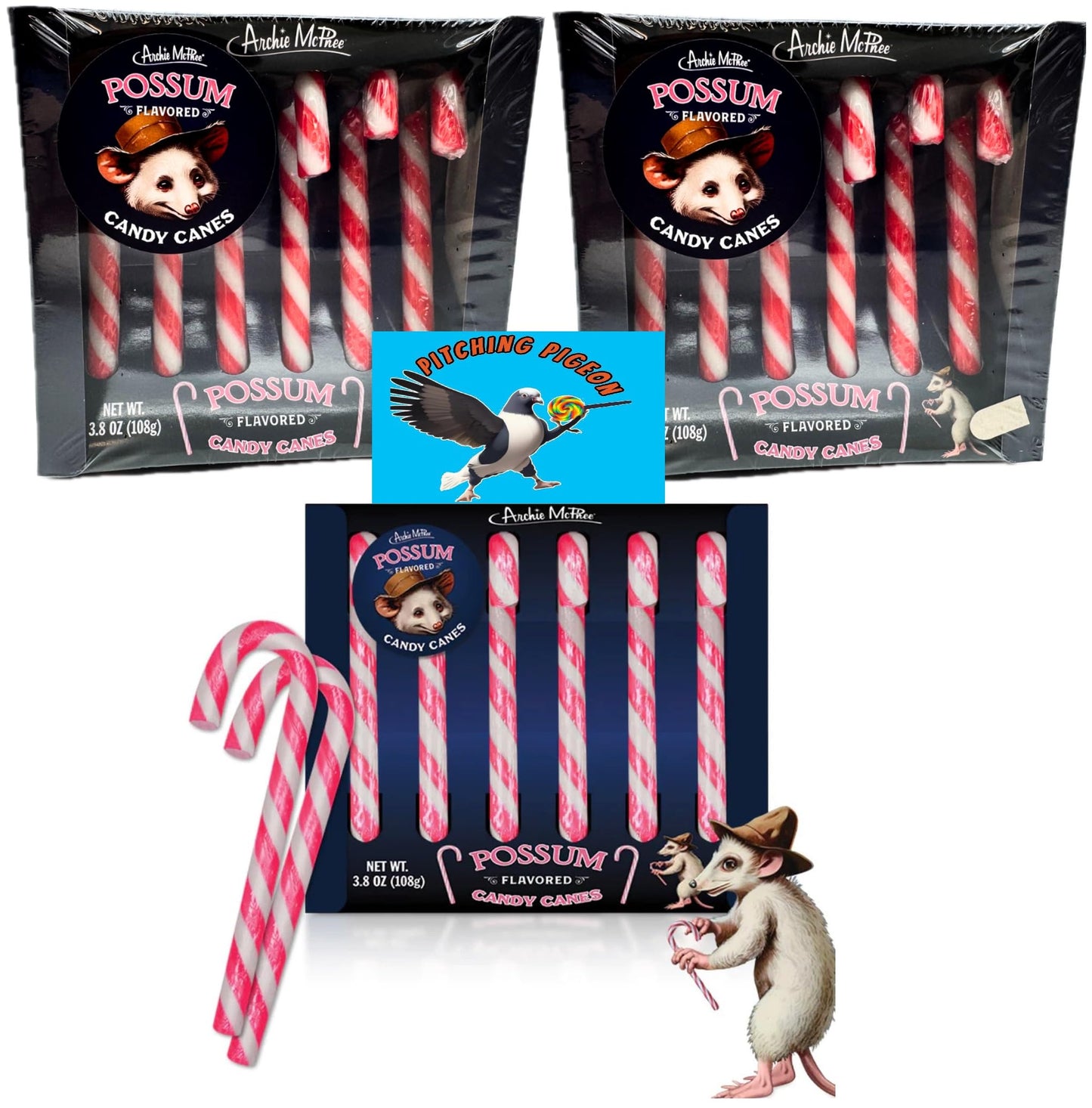 Possum Flavored Candy Canes 18 Count - Christmas Holiday Stocking Stuffers - Fun Novelty Gag Joke Gift