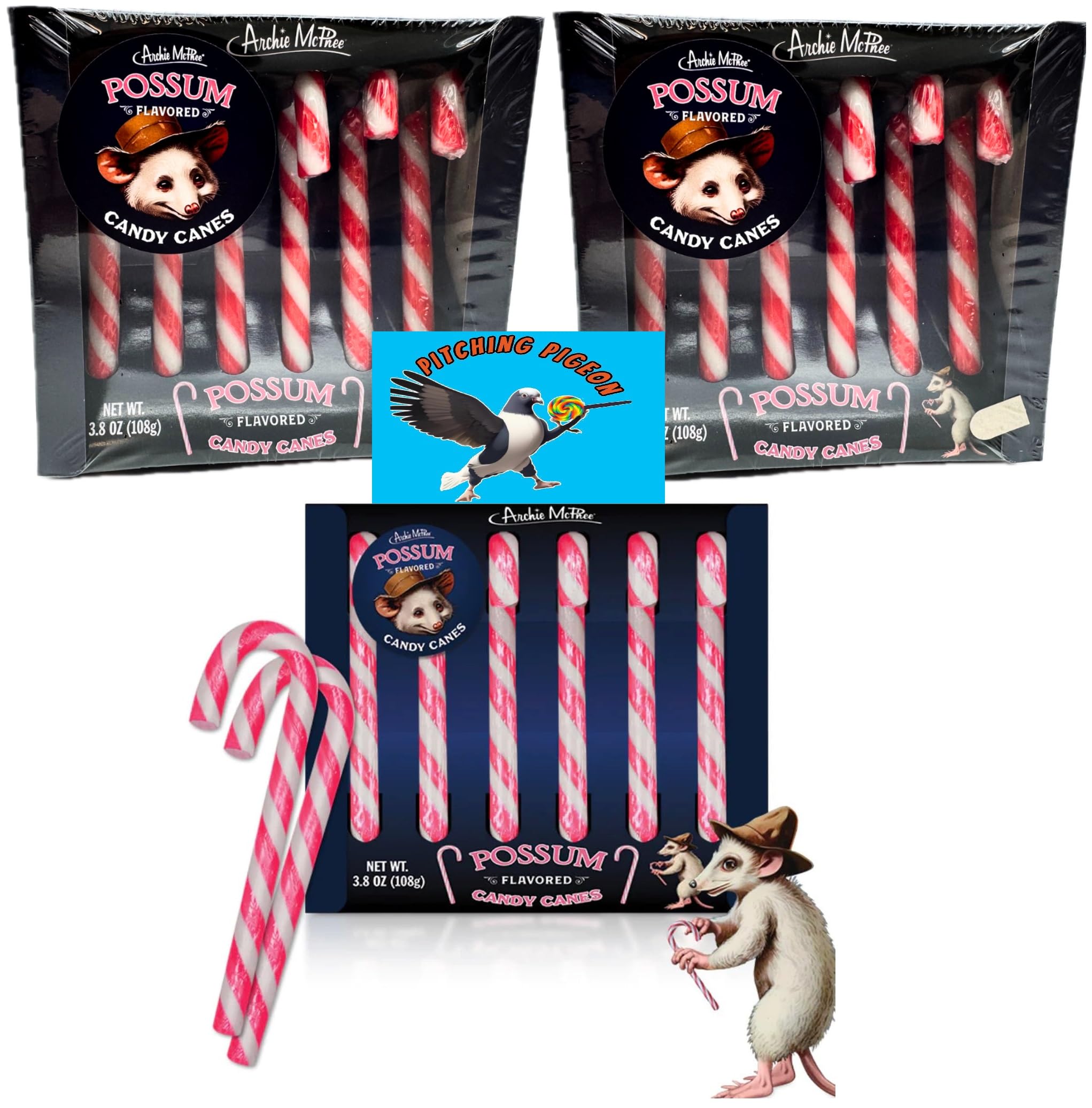 Possum Flavored Candy Canes 18 Count - Christmas Holiday Stocking Stuffers - Fun Novelty Gag Joke Gift