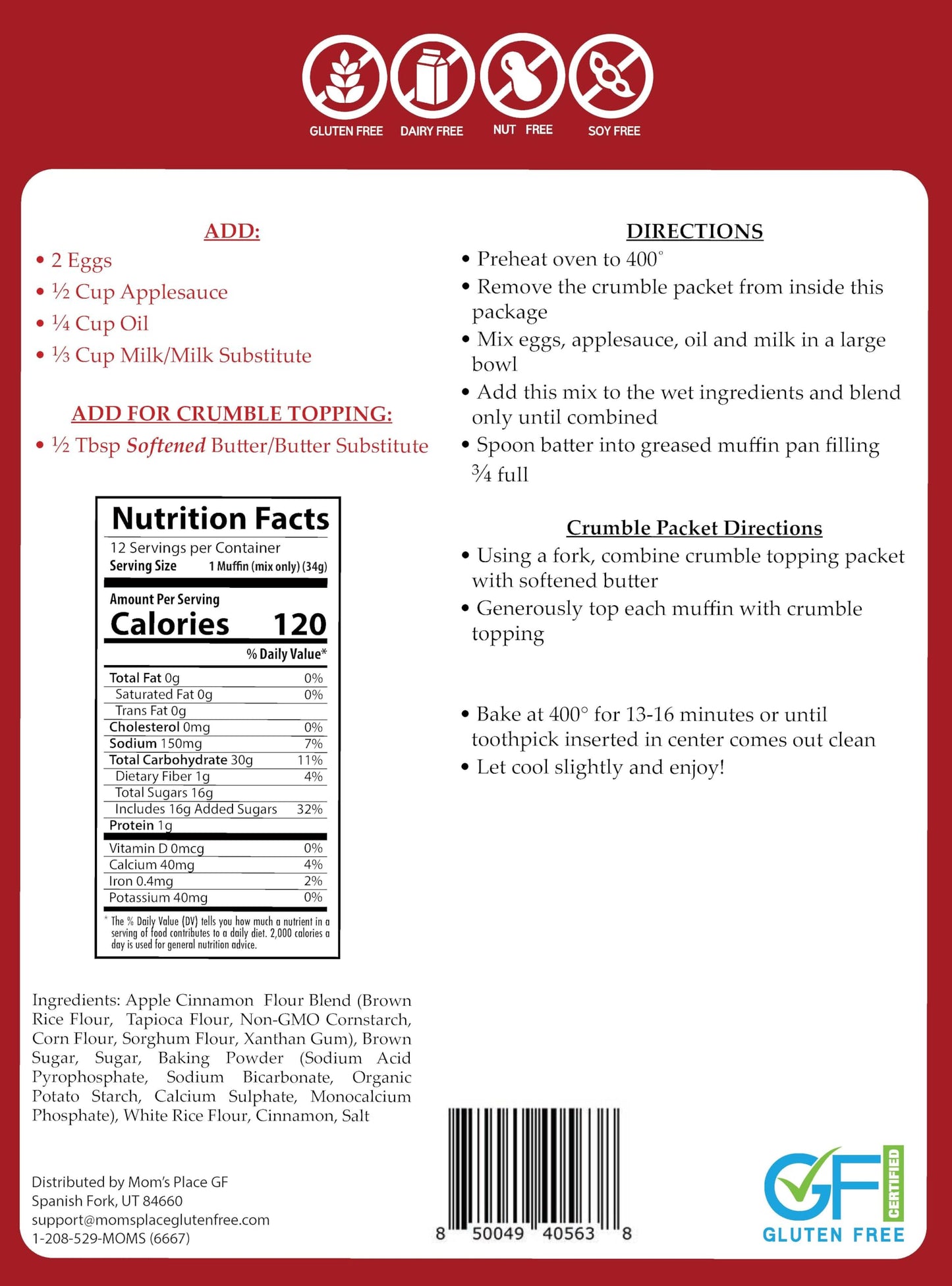 Mom's Place Gluten-Free Apple Cinnamon Crumble Muffin Mix, Easy to Make, Nut Free, Soy Free & Dairy Free, 12 Servings, 14.5 oz