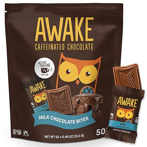 AWAKE - Caffeinated Chocolate Bites - Milk Chocolate, 50 Bites - 50mg Caffeine - Individually Wrapped Energy Bites - Coffee Alternative - Fairtrade