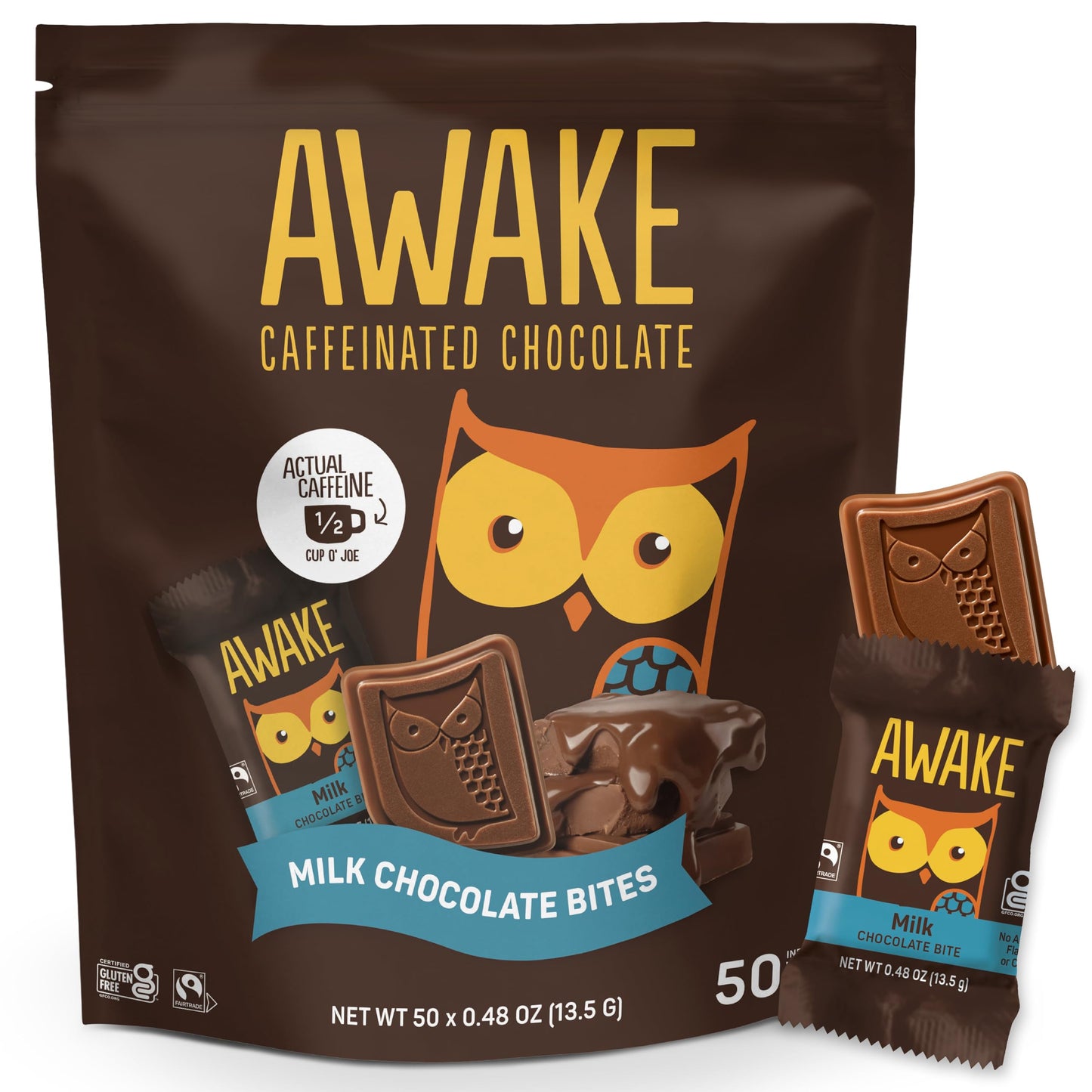 AWAKE - Caffeinated Chocolate Bites - Milk Chocolate, 50 Bites - 50mg Caffeine - Individually Wrapped Energy Bites - Coffee Alternative - Fairtrade