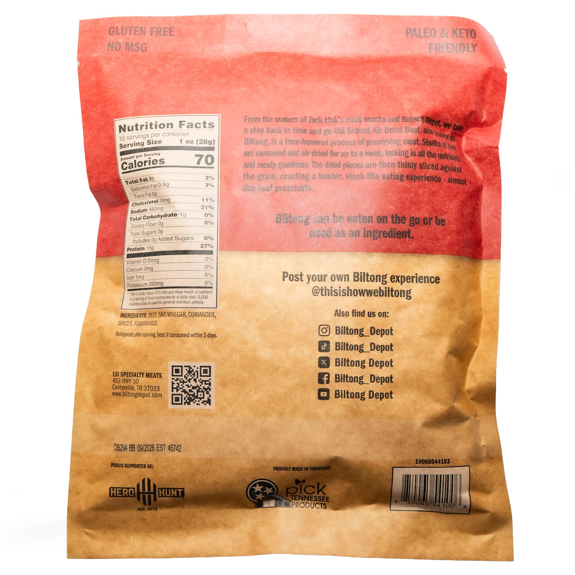 Biltong Depot Lean Original Biltong Slices - 1lb (16oz) | Air-Dried Beef Jerky Snack | High Protein | Paleo & Keto Friendly | Zero Sugar | Gluten Free