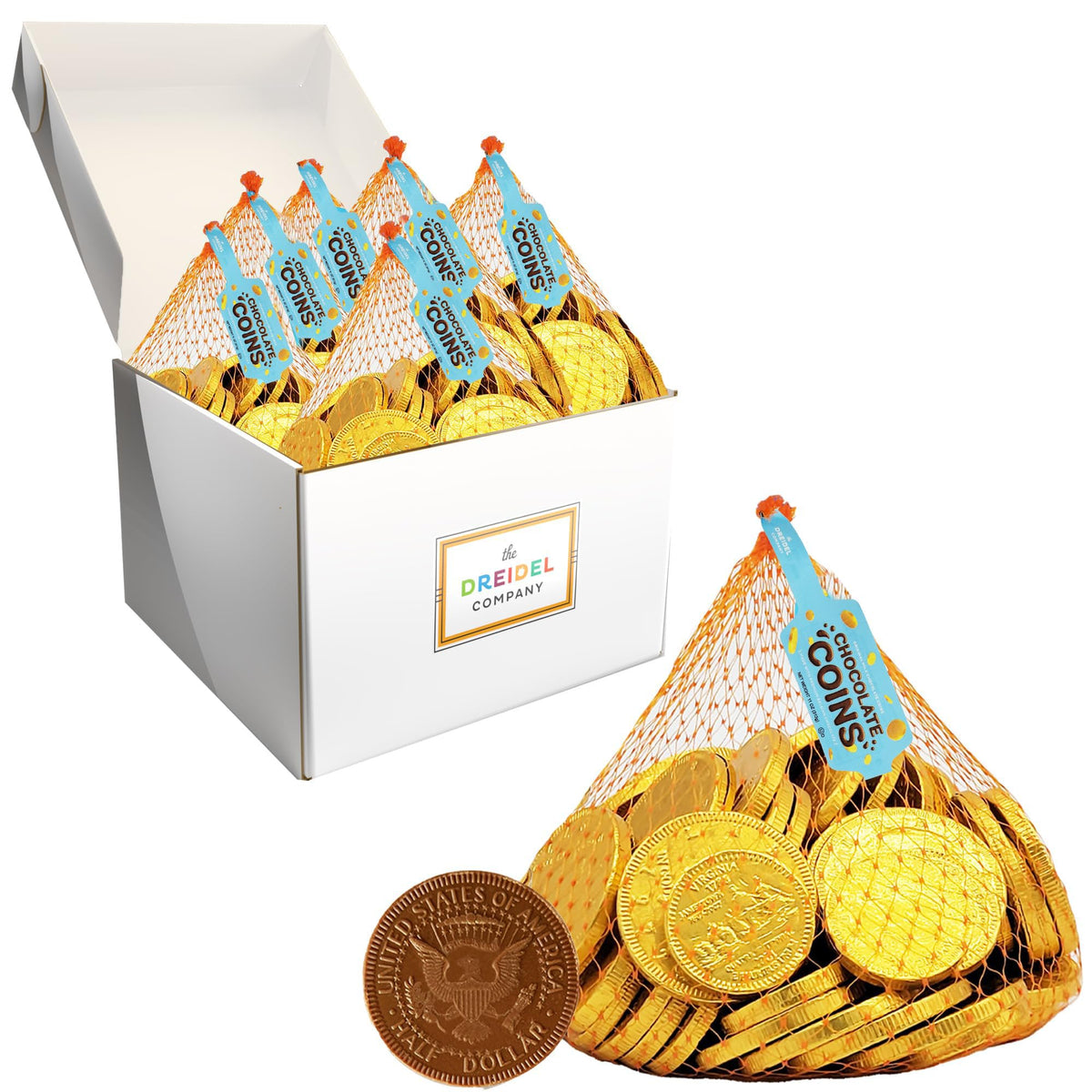 Milk Chocolate Coins, 6-Pack Large Mesh Bag With 70 Half Dollar Coins Per Bag, Made with Premium Nut-Free Belgian Chocolate, Kosher Certified Dairy