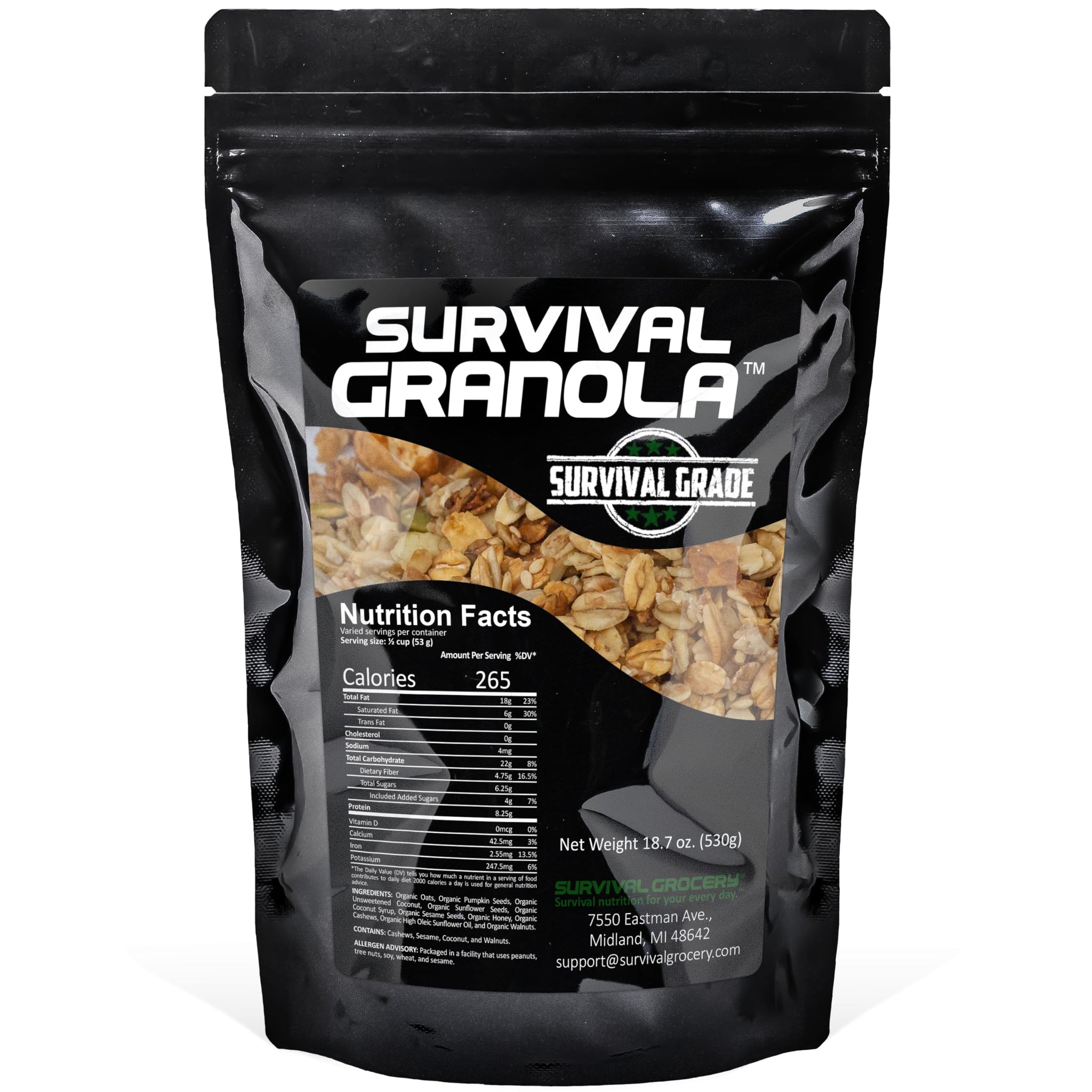 Survival Grocery Survival Granola™ - Organic High Protein Granola, Non-GMO, Gluten Free, No Refined Sugars or Artificial Sweeteners
