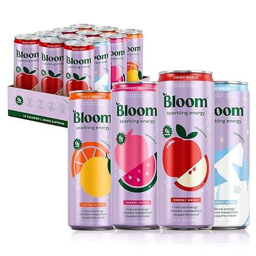 Bloom Nutrition Sparkling Energy Drink - Apple Crisp / Glacier Crush Variety Pack - Natural Caffeine, Zero Sugar, 180mg Caffeine - Antioxidant-Rich