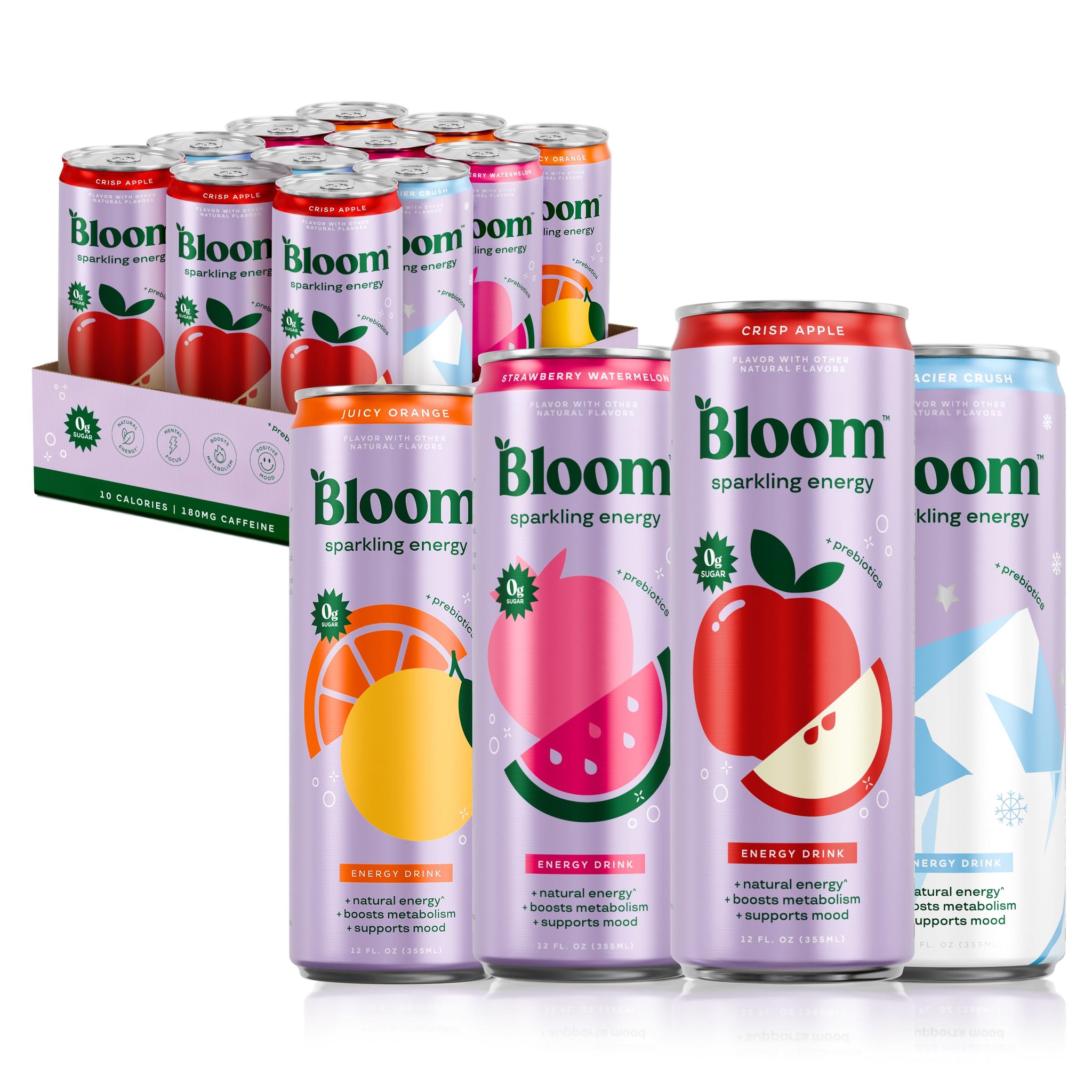 Bloom Nutrition Sparkling Energy Drink - Apple Crisp / Glacier Crush Variety Pack - Natural Caffeine, Zero Sugar, 180mg Caffeine - Antioxidant-Rich