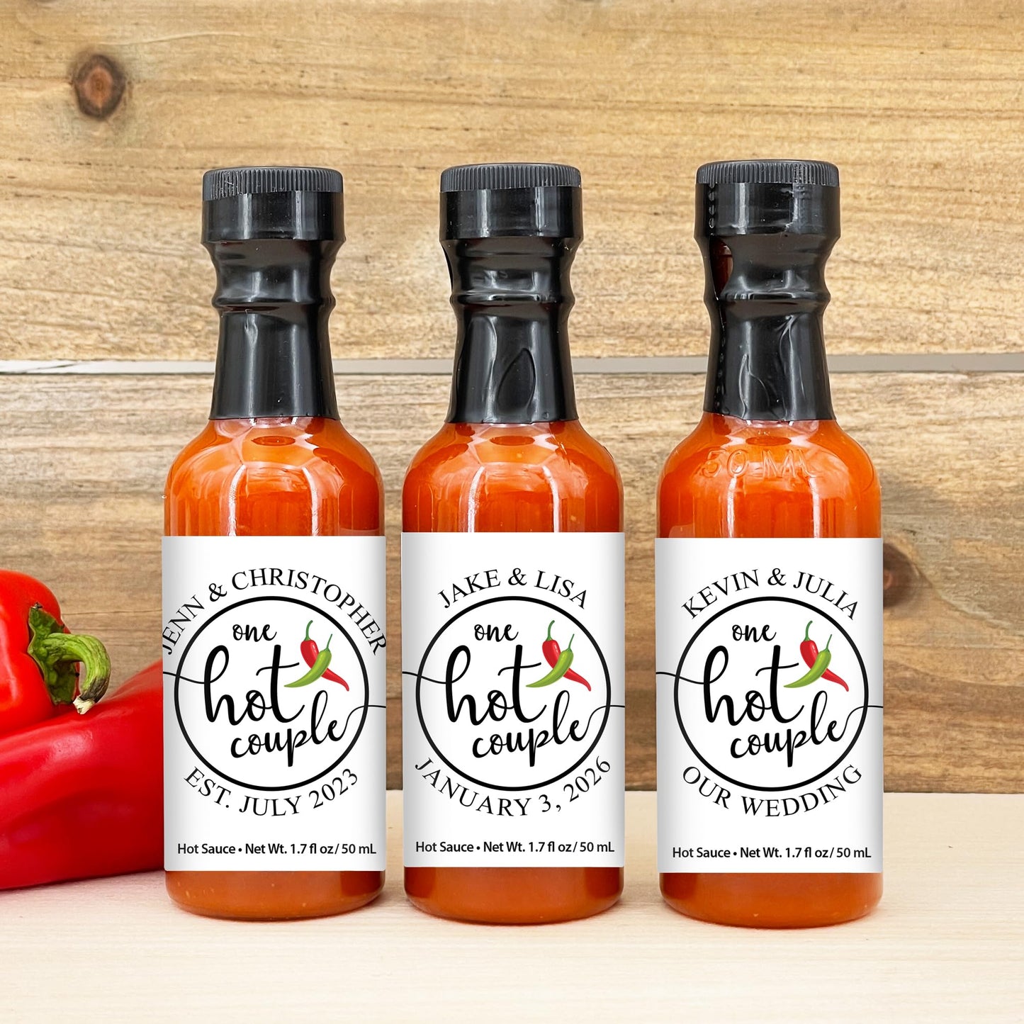 Best Day Ever Spot One Hot Couple Sauce Gifts, Mini Bottles, Wedding Favors, Custom, Labels, Personalized - 1.7oz (Set of 12)