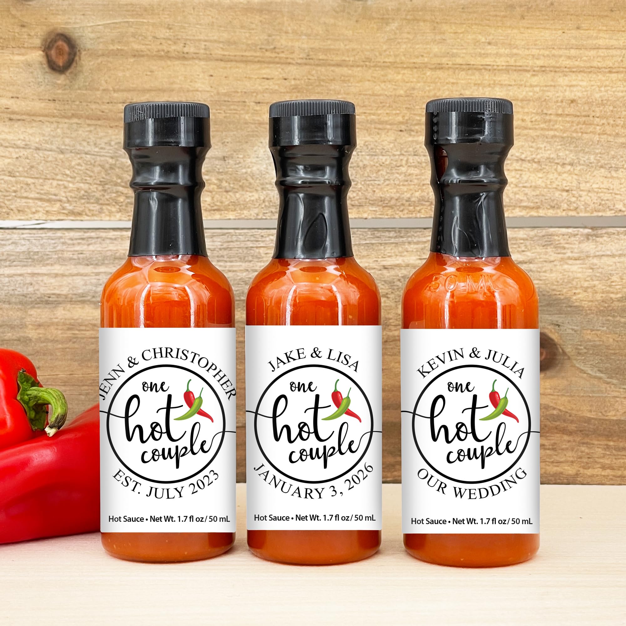 Best Day Ever Spot One Hot Couple Sauce Gifts, Mini Bottles, Wedding Favors, Custom, Labels, Personalized - 1.7oz (Set of 12)