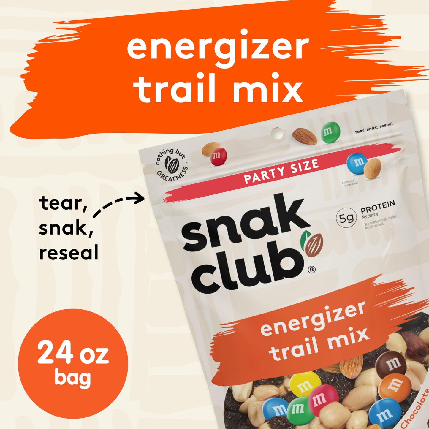 Snak Club Energizer Trail Mix with Roasted Salted Peanuts, Raisins, M&M’S Chocolate Candies, Roasted Almonds, Gluten-Free and Kosher Snack, 24 oz