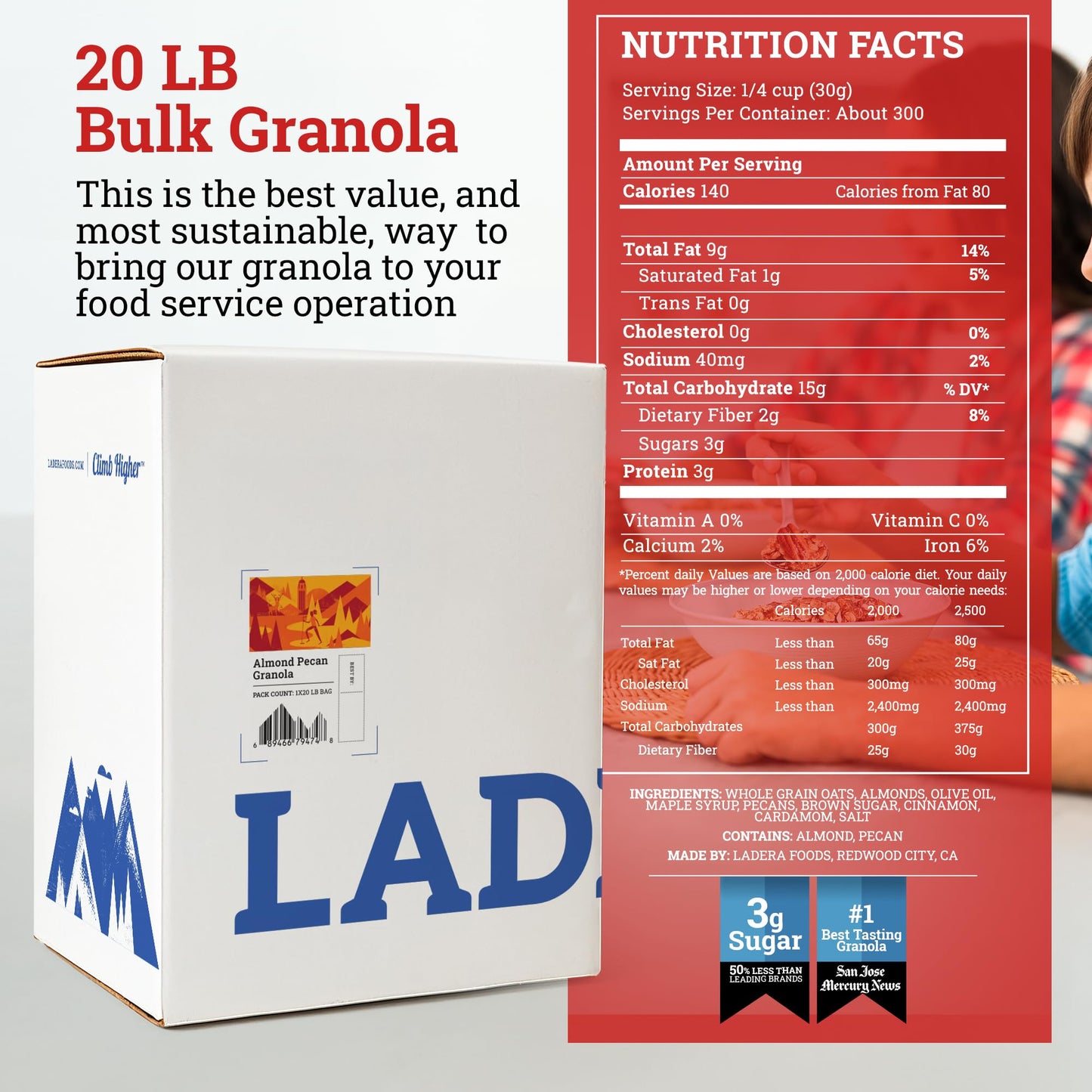 Ladera Almond Pecan Granola - Low Sugar Artisanal Breakfast Cereal, Gluten Free & Vegan, Honest Ingredients, 20 LB