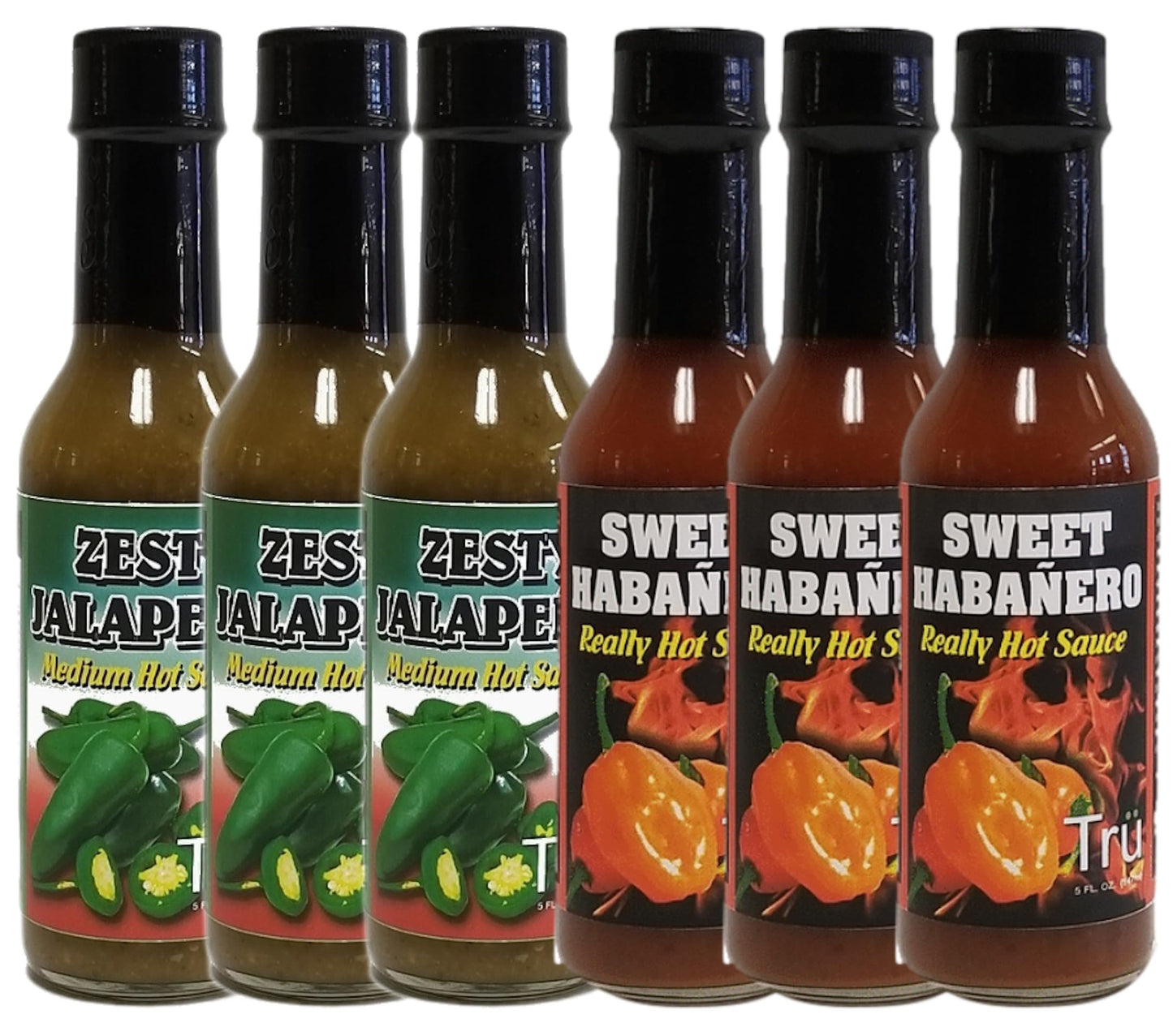 Tru Hot Sauce Combo Zesty Jalapeño (3 Packs) & Sweet Habañero (3 Packs) - All-Natural, Bold, Spicy & Sweet | Smoky Hot Sauces Perfect for Cooking
