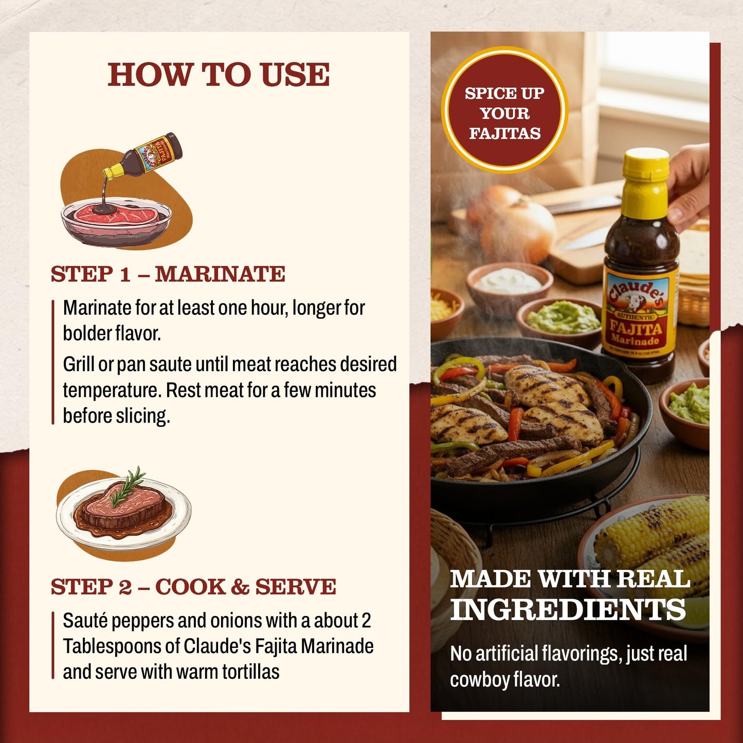 Claude's Authentic Fajita Marinade 16-oz (Pack of 6) Real Hickory Smoke, Red Chili Fajitas Sauce for Steak, Chicken, Pork or Shrimp Gluten-Free
