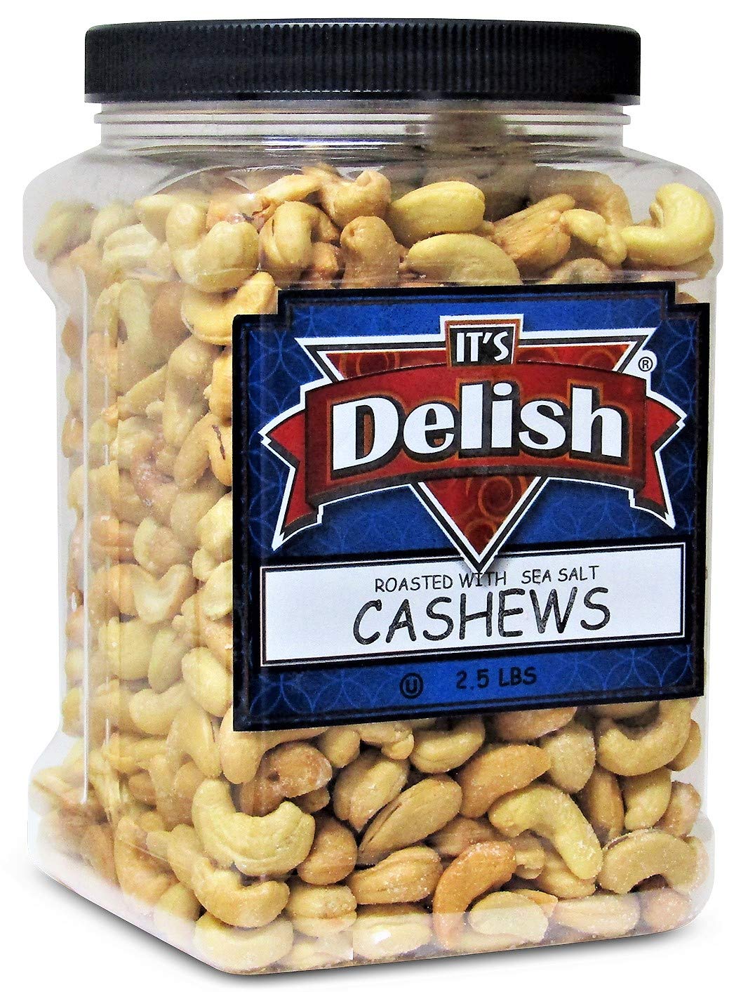 Roasted & Salted Cashews by It’s Delish - 2.5 lbs Jumbo Container - Roasted with Sea Salt - Kosher Long-lasting Jar - Energetic, Healthy Snack