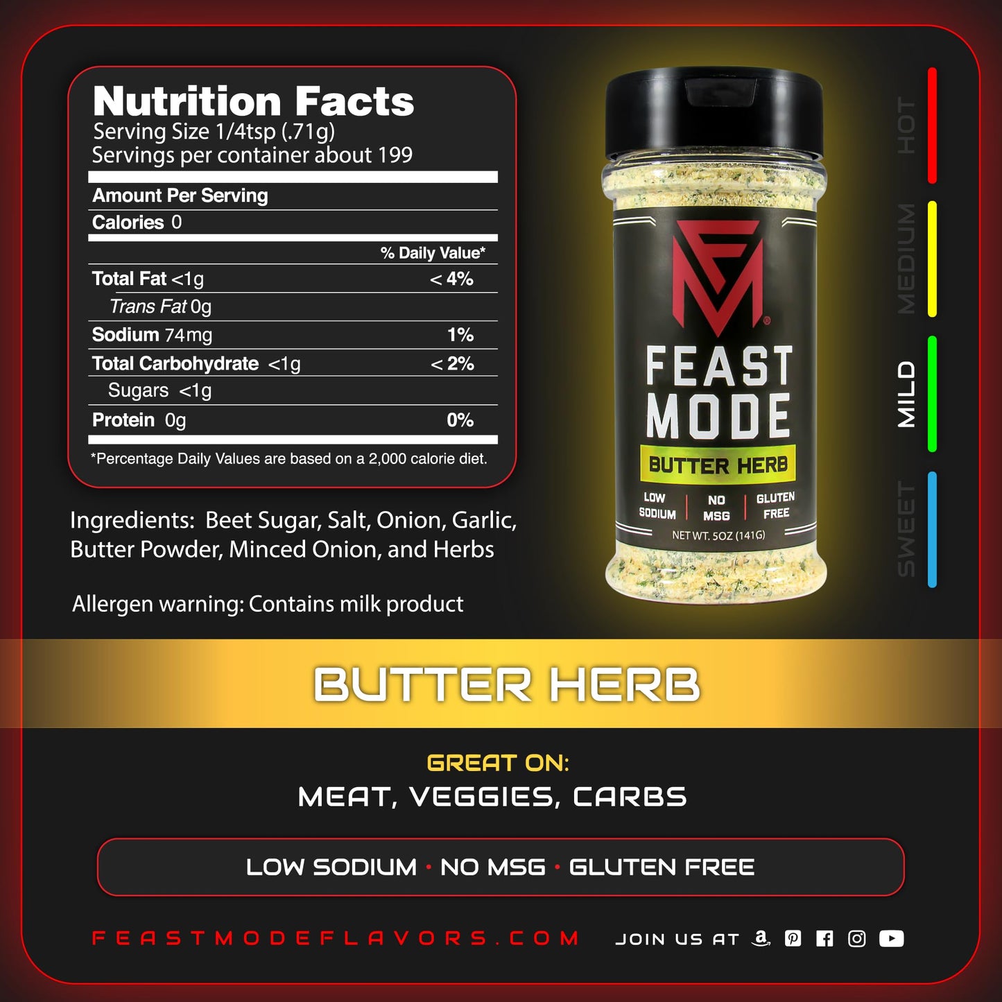 Feast Mode Flavors | Gainz Pack | 5 count | 5oz seasonings | Hawaiian BBQ | Garden Veggie | Butter Herb | Farmhouse Ranch | Asiago Jalapeno | meal