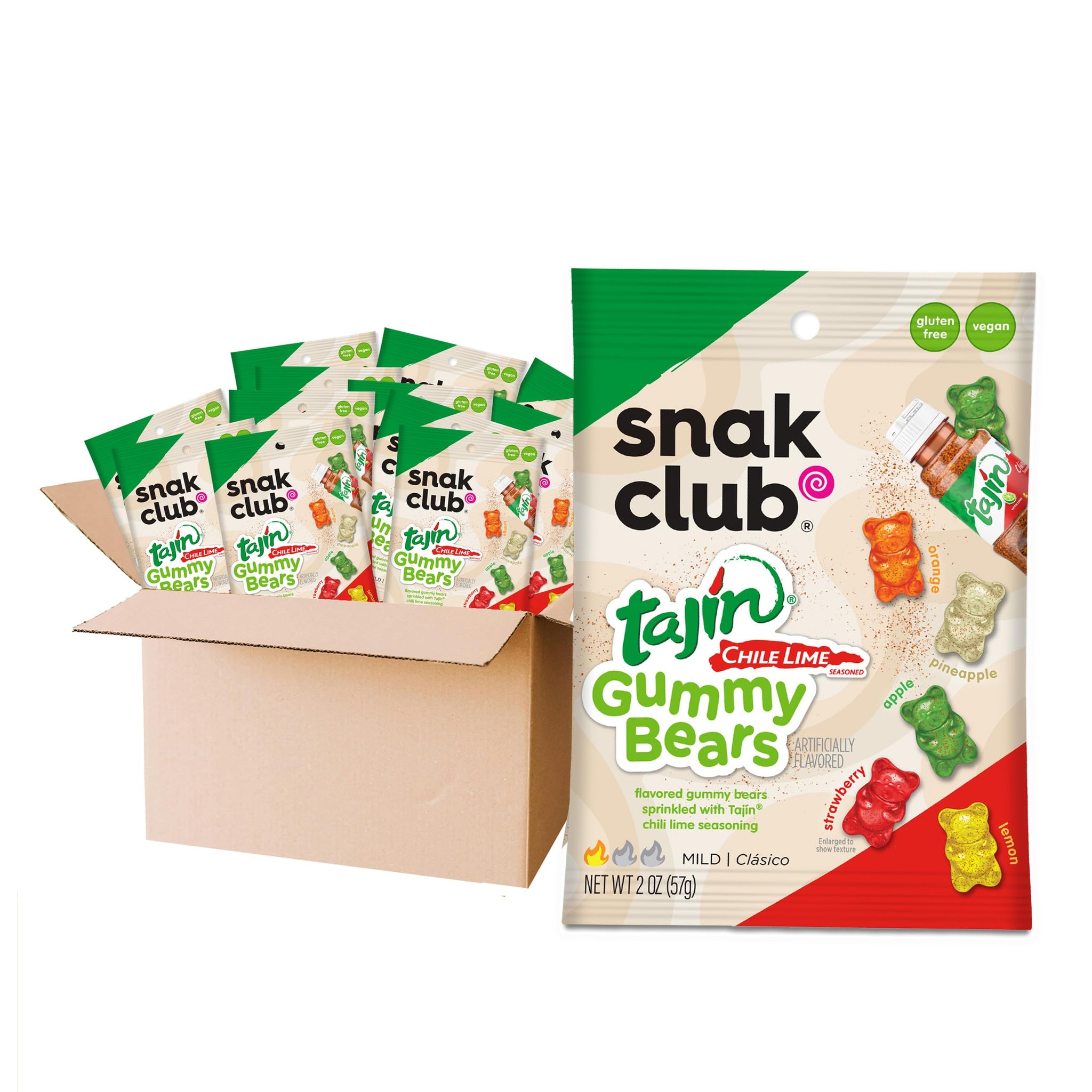 Snak Club Tajin Gummy Bears, Assorted Fruit Candy Gummies with Chili and Lime Seasoning, Mild, Gluten-Free and Vegan Snacks, 2 oz Snack Bags, 12 Pack