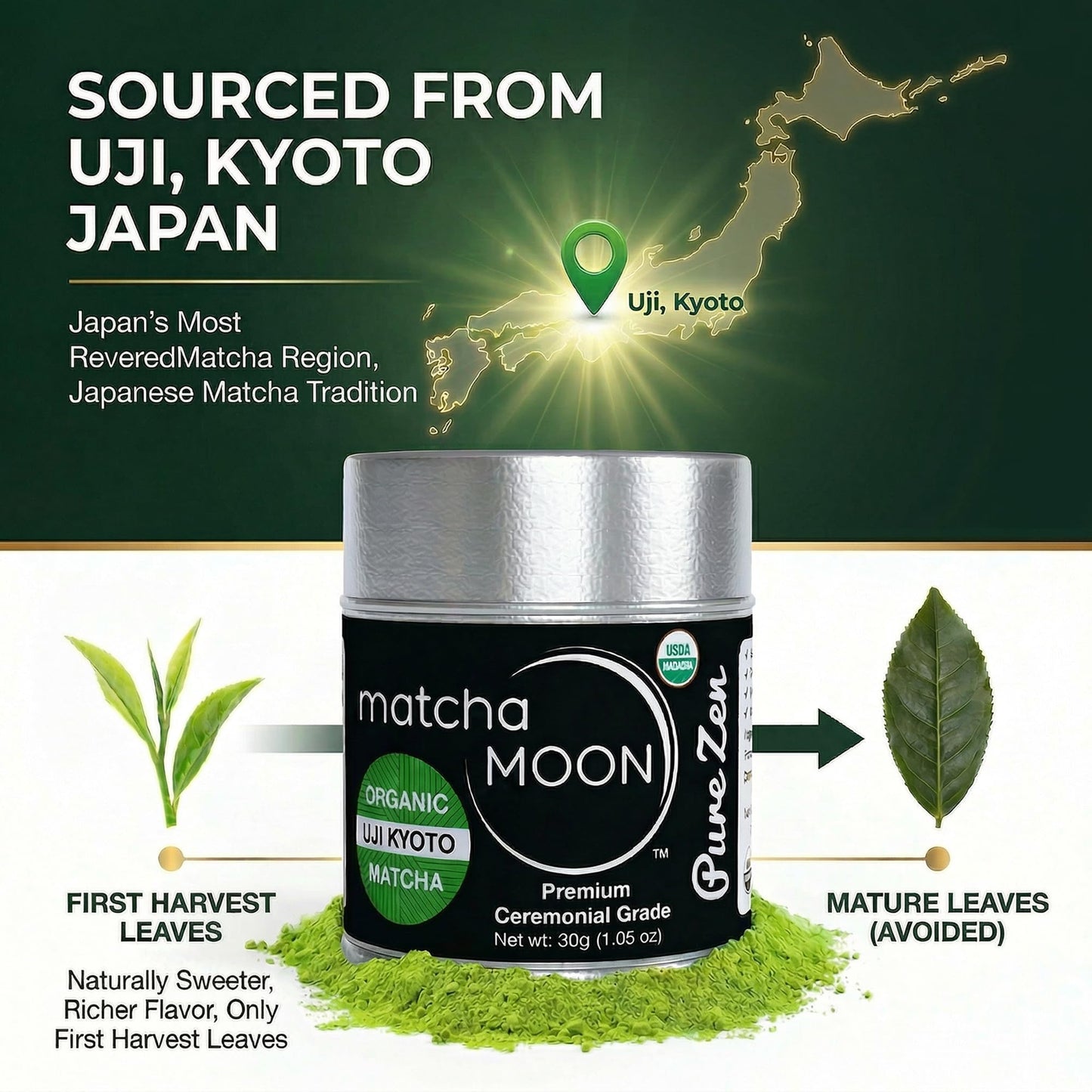 Matcha Moon Pure Zen Ceremonial Grade Matcha Powder | Premium USDA Organic Traditional Japanese Green Tea | First Harvest Uji Kyoto Sourced Tea Powder