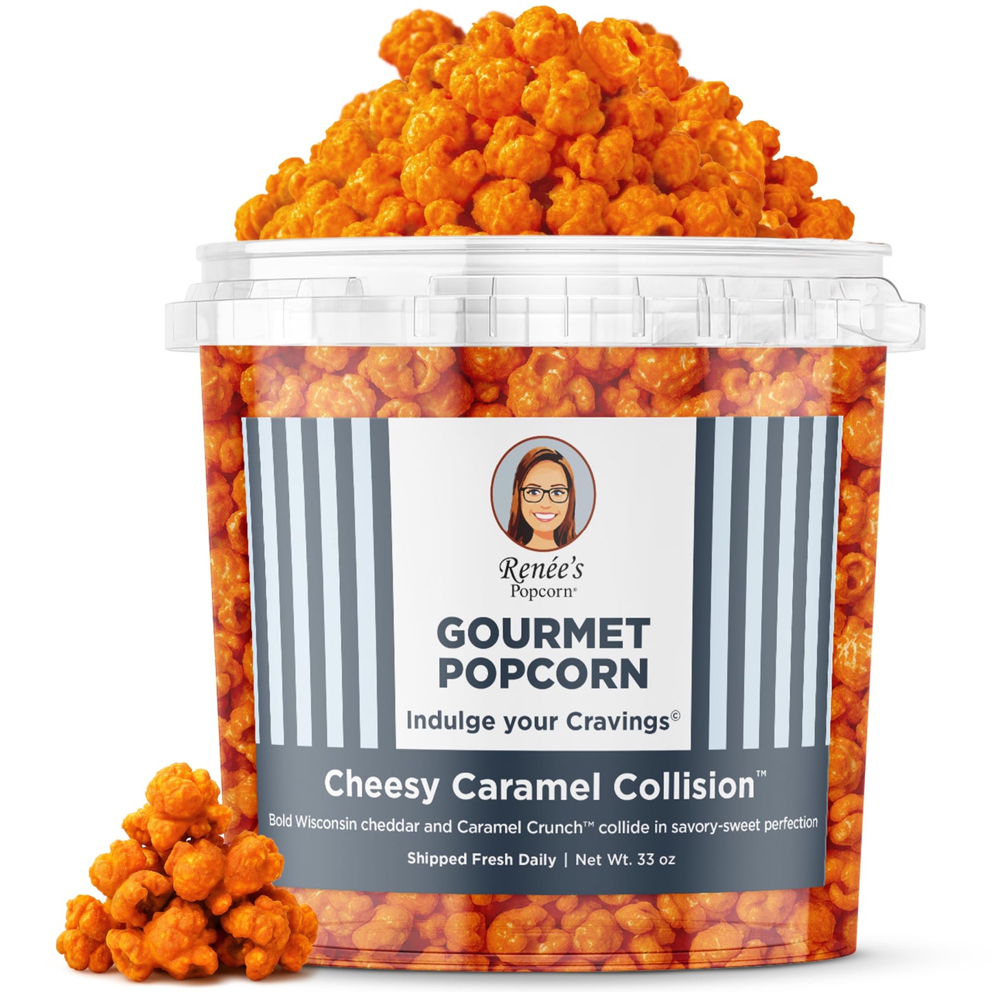 Renée’s Cheesy Caramel Collision™ Connoisseur Popcorn™ - buttery caramel corn drenched in bold Wisconsin cheddar - satisfies sweet and cheesy popcorn