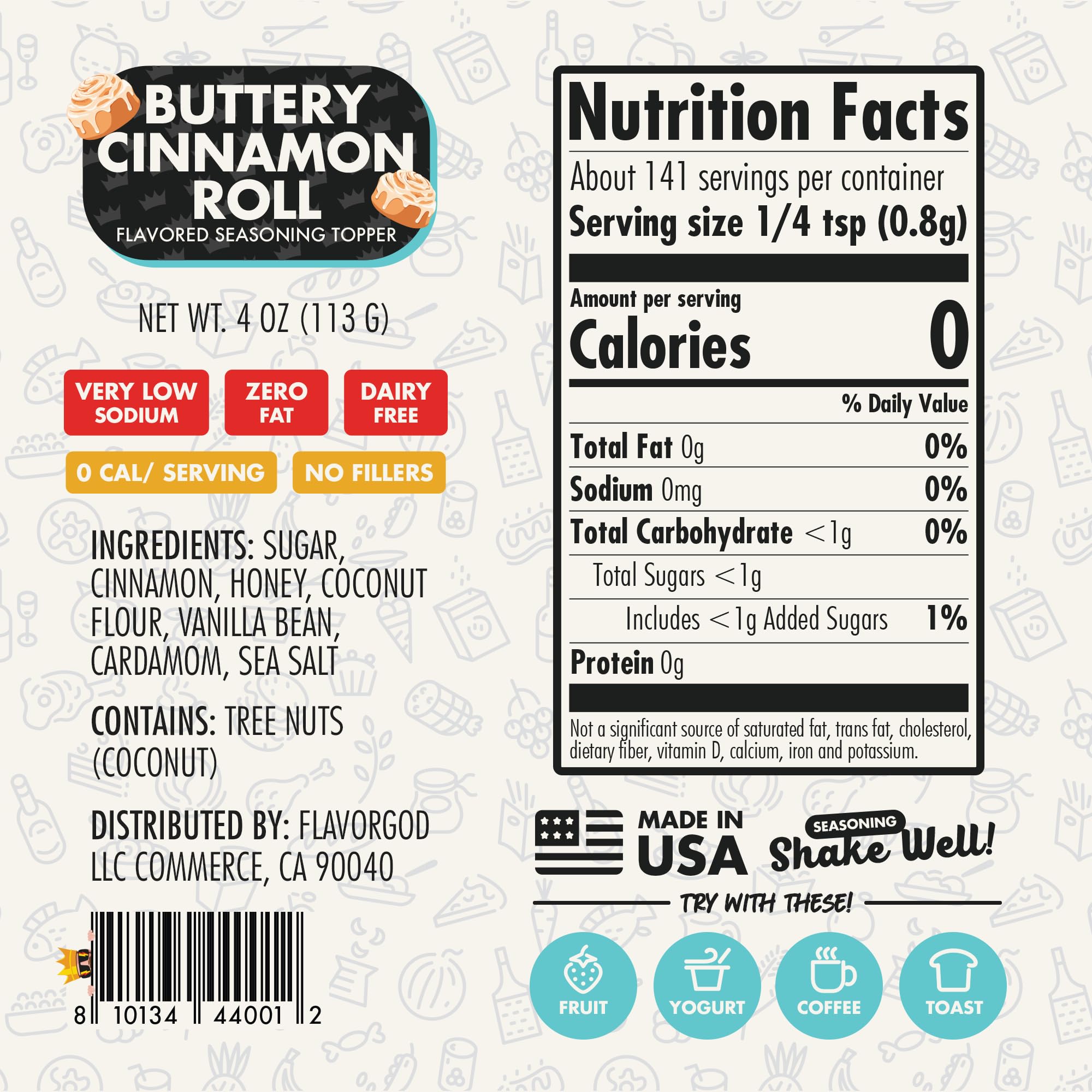 Flavor God Buttery Cinnamon Roll Seasoning Topper Mix, Natural Healthy Blend For Chocolate Donuts, Coffee, Oatmeal, Pancakes, Sandwiches, Fruit, Ice