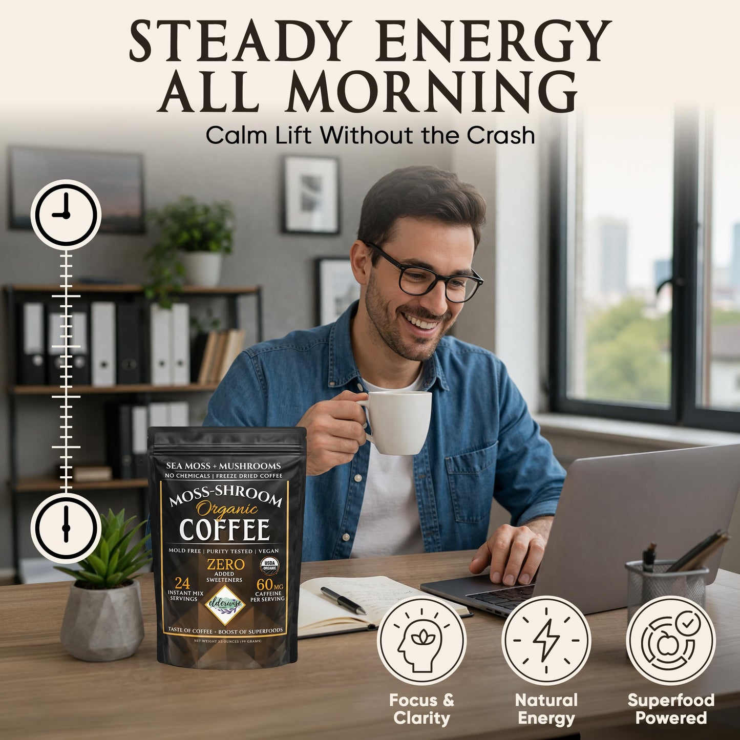 Elderwise Coffee with Mushrooms & Sea Moss - Lion's Mane, Chaga, Reishi & Cordyceps - 24 Servings - Healthy Coffee - Freeze Dried Instant - Chemical