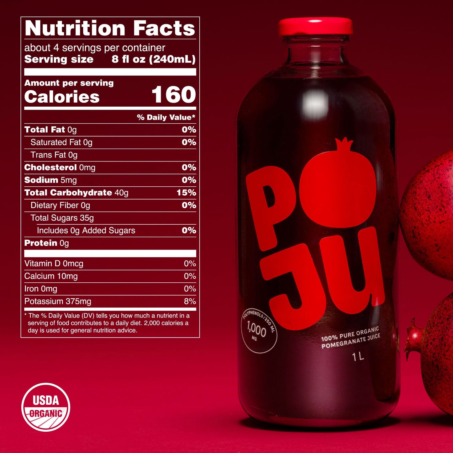 POJU 100% Organic Pomegranate Juice (Original, No Pulp) Cold Pressed 33.8 Fl Oz (1L) Bottle, Not from Concentrate, No Sugar Added, Non GMO, Kosher