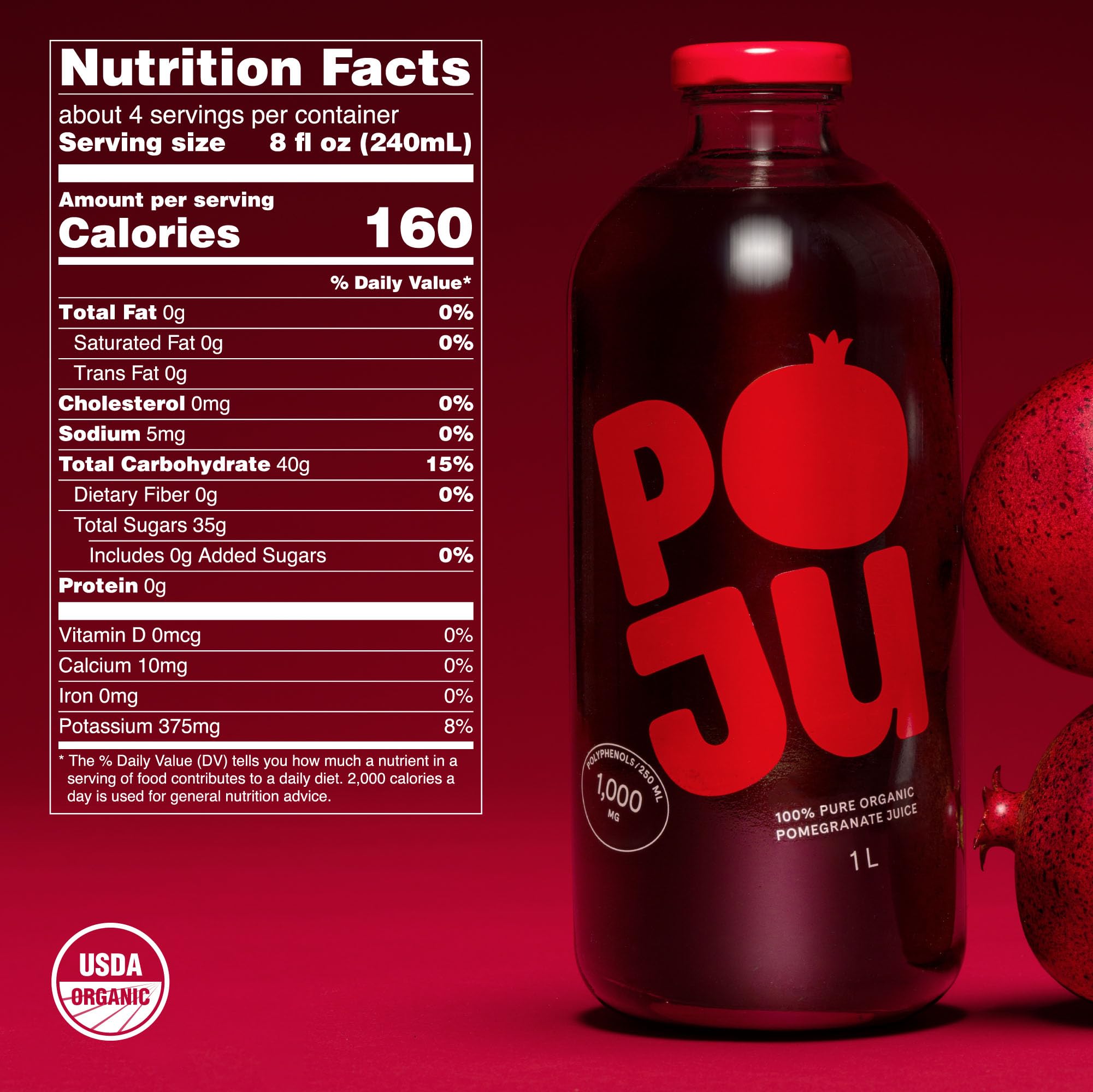 POJU 100% Organic Pomegranate Juice (Original, No Pulp) Cold Pressed 33.8 Fl Oz (1L) Bottle, Not from Concentrate, No Sugar Added, Non GMO, Kosher