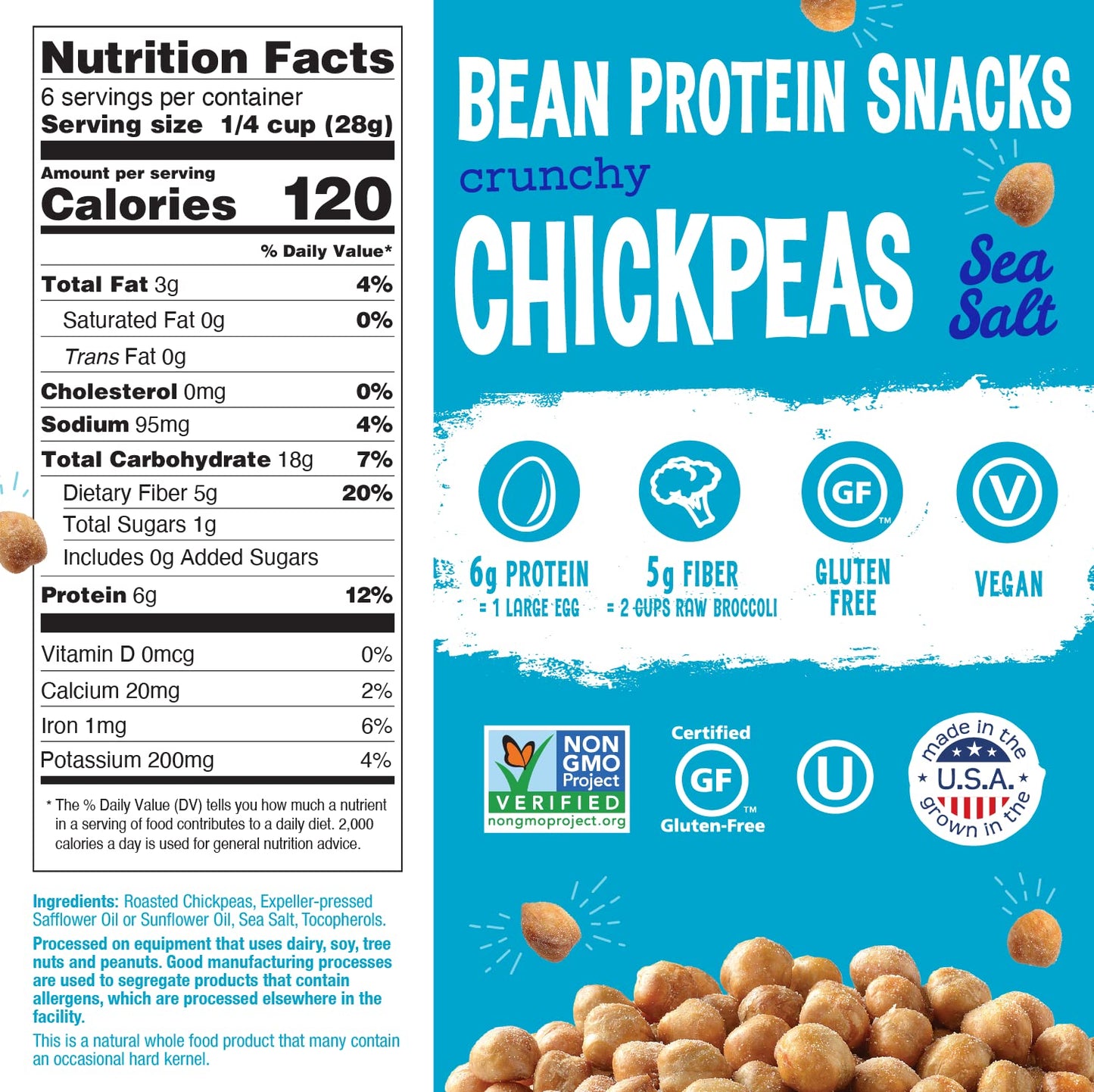 The Good Bean Crunchy Chickpeas - Sea Salt - (6 Pack) 6 oz Resealable Bag - Roasted Chickpea Beans - Vegan Snack with Good Source of Plant Protein