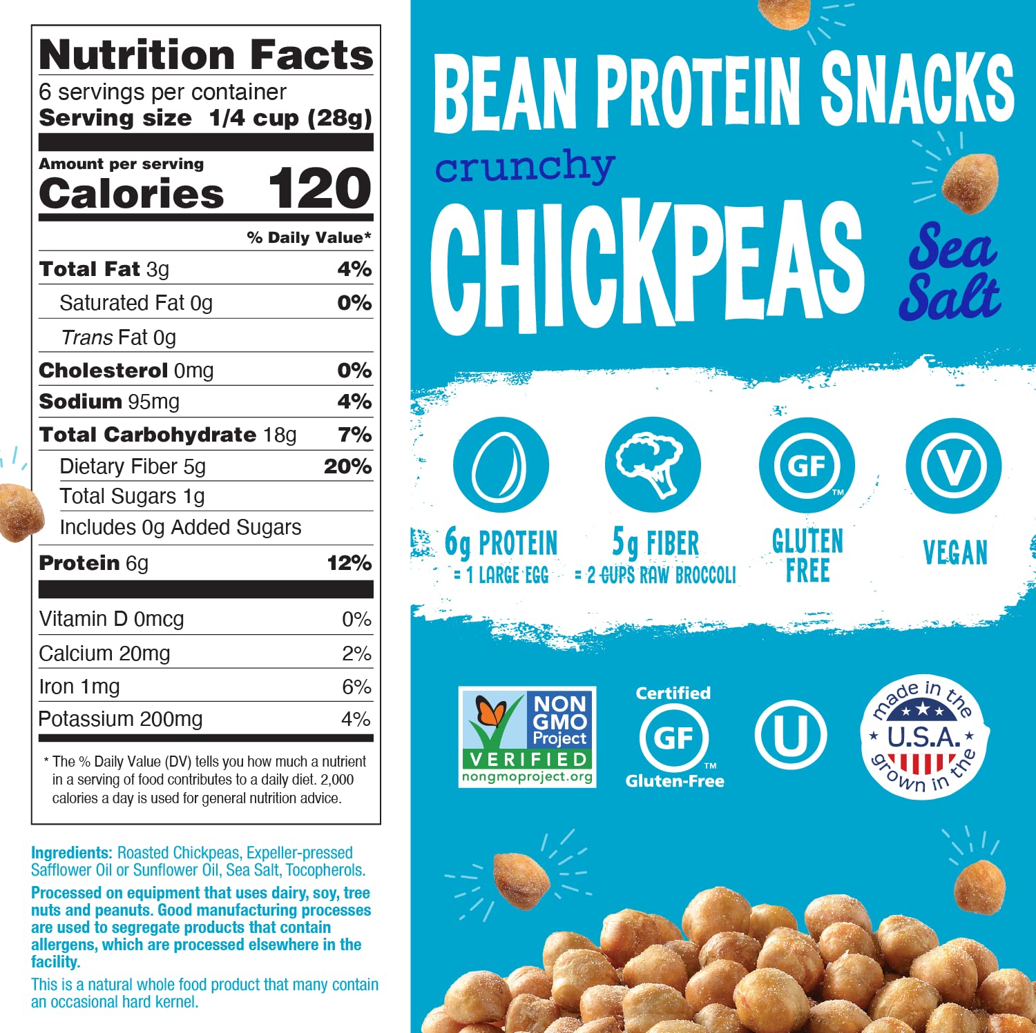 The Good Bean Crunchy Chickpeas - Sea Salt - (6 Pack) 6 oz Resealable Bag - Roasted Chickpea Beans - Vegan Snack with Good Source of Plant Protein