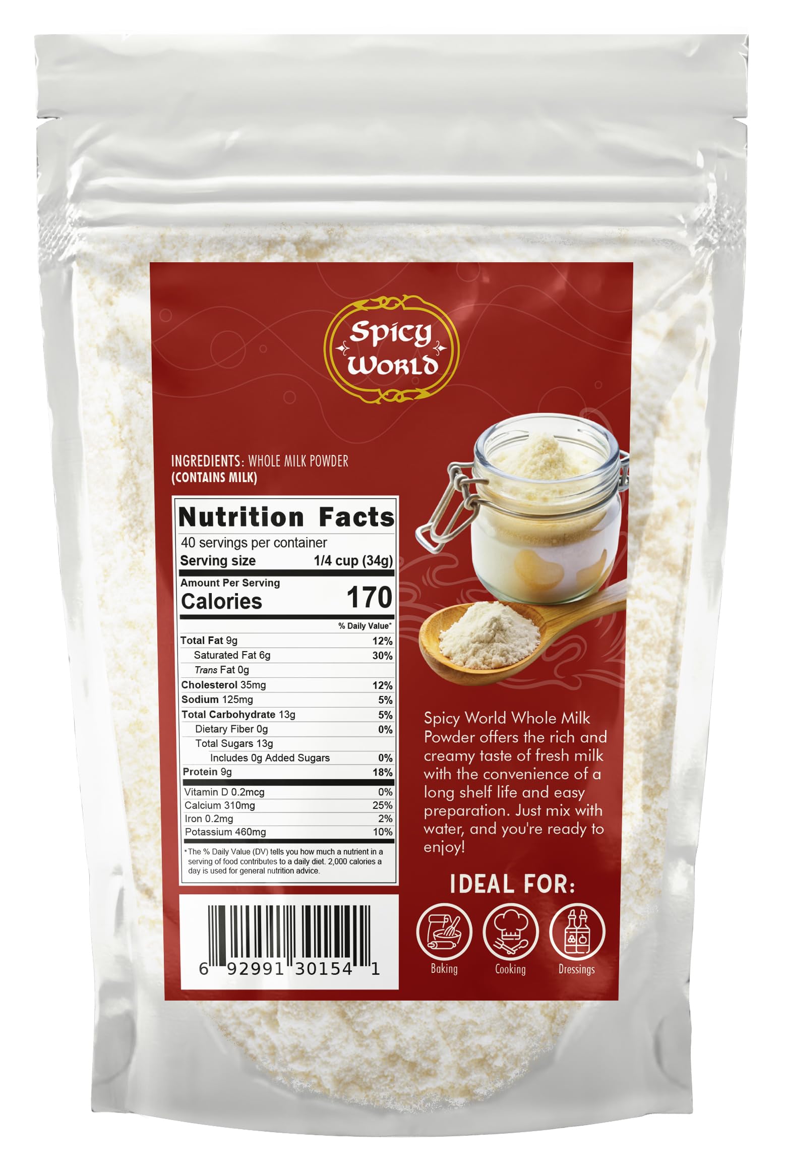 Spicy World Whole Milk Powder 3 LB Bulk Bag - RBST Hormone Free, Made in USA, Non-GMO, Premium Grade - Perfect for Baking, Drinking, and More!