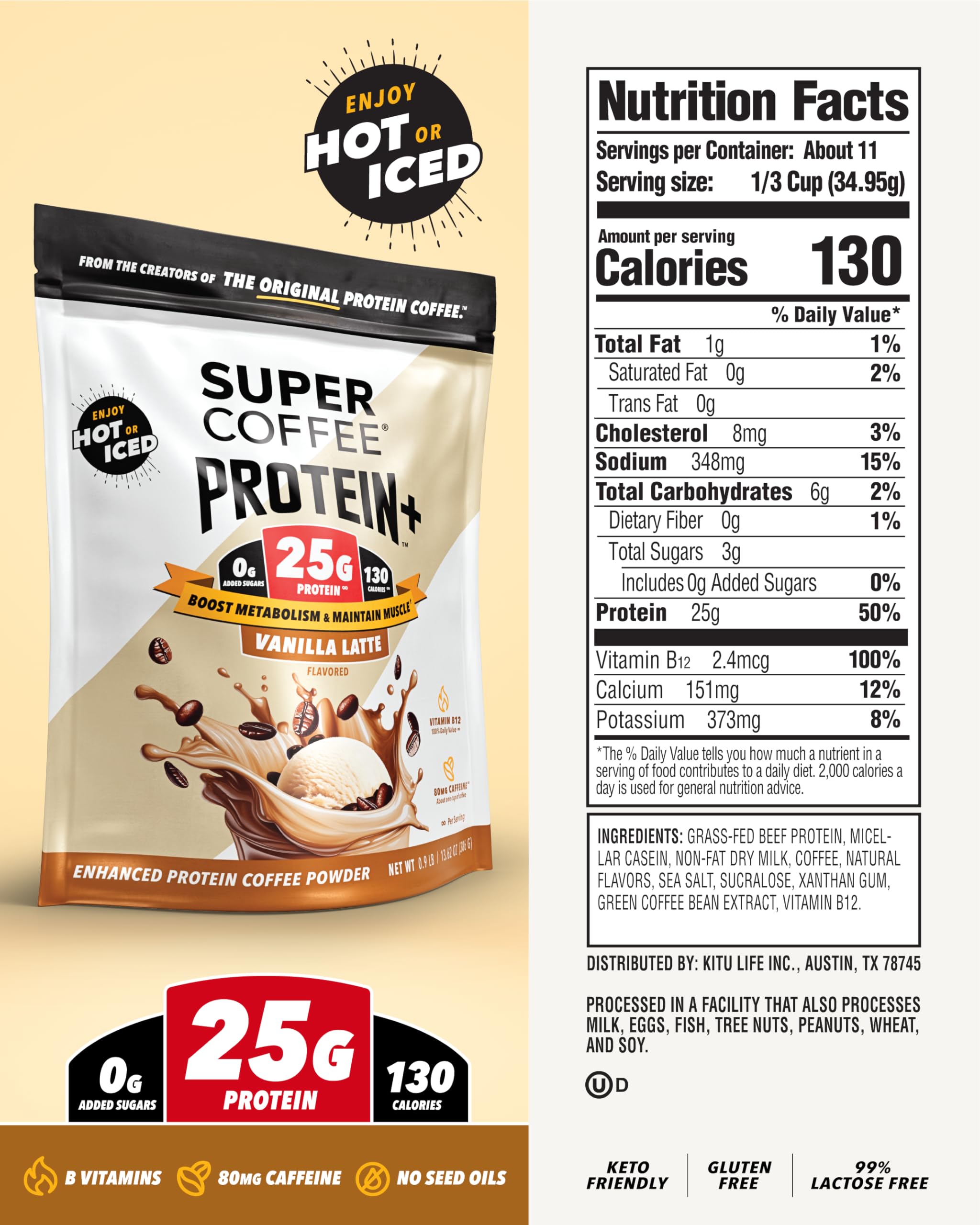 SUPER COFFEE Protein+, Instant Protein Coffee (0g Added Sugar, 25g Protein, 130 Calories),14 Oz | Keto Iced Smart Coffee Drinks (Vanilla)