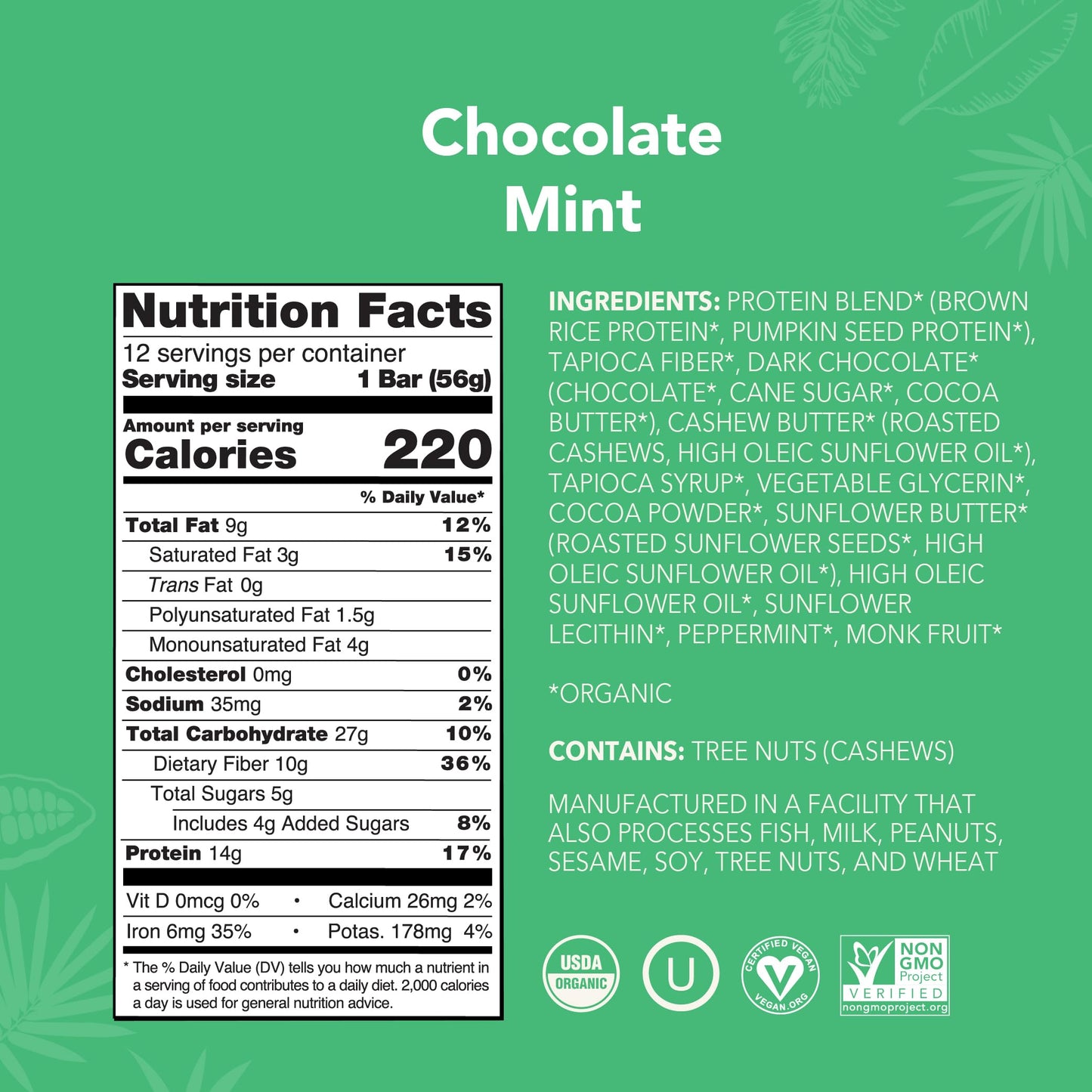 ALOHA Organic Plant Based Protein Bars, Chocolate Mint, 1.98 Oz (Pack of 12)