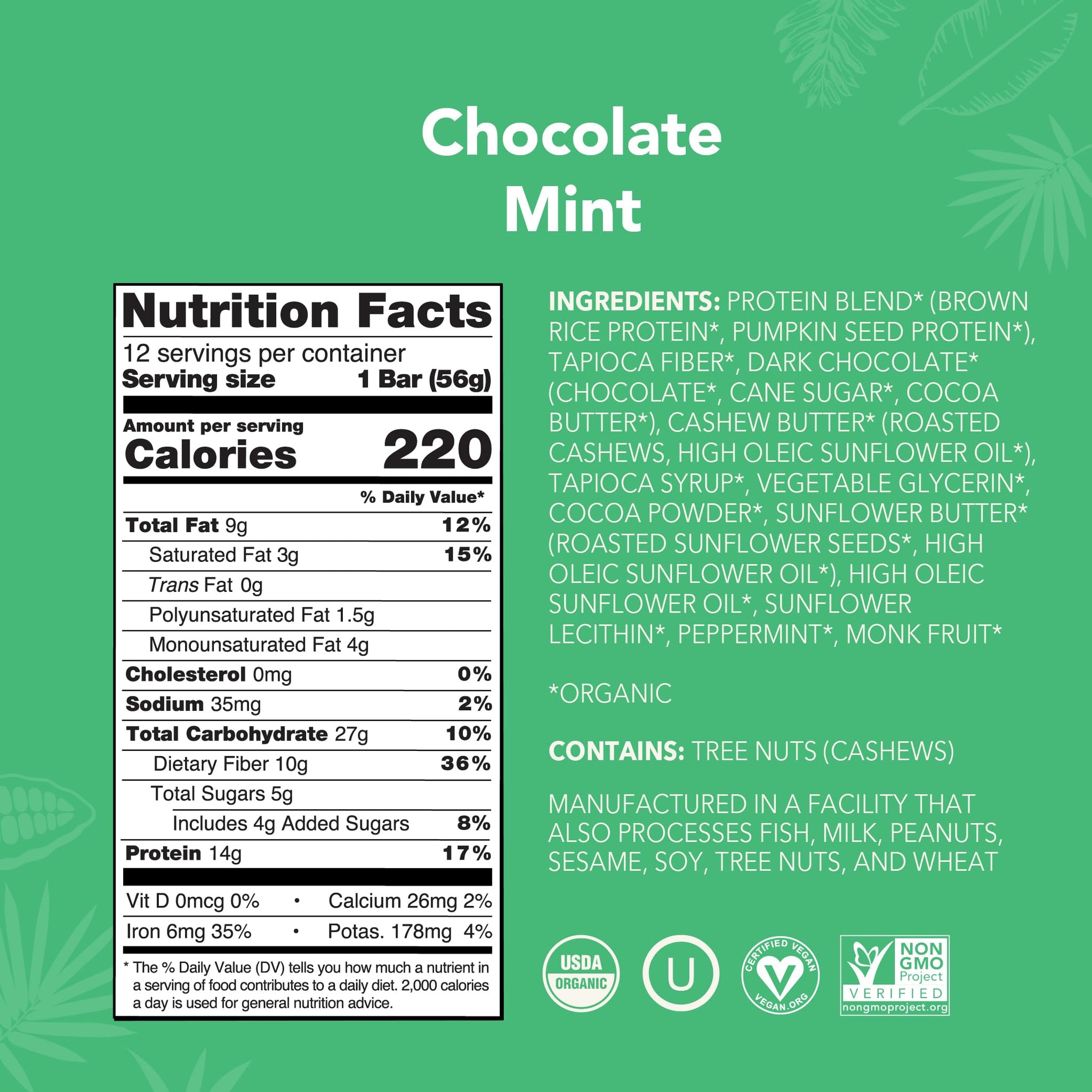 ALOHA Organic Plant Based Protein Bars, Chocolate Mint, 1.98 Oz (Pack of 12)