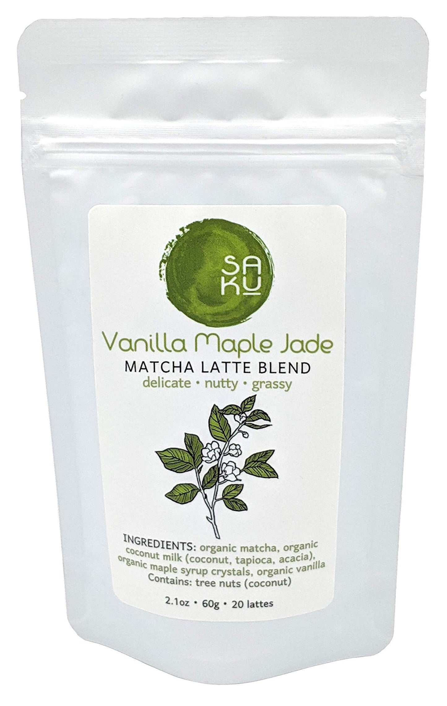 SAKU Tea, Vanilla Maple Jade Matcha Latte Blend, Super Food Latte, 2.1oz Bag