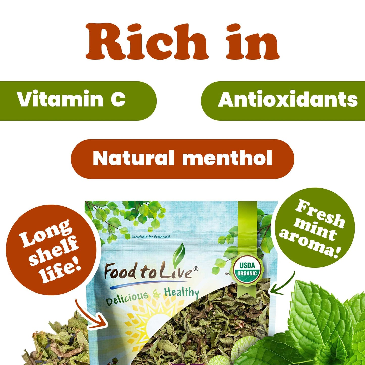 Food to Live - Organic Spearmint Leaves, 1.5 Pounds - Dried, Cut & Sifted. Great for Herbal Tea. Non-GMO. Caffeine-free. Non Irradiated. Keto.