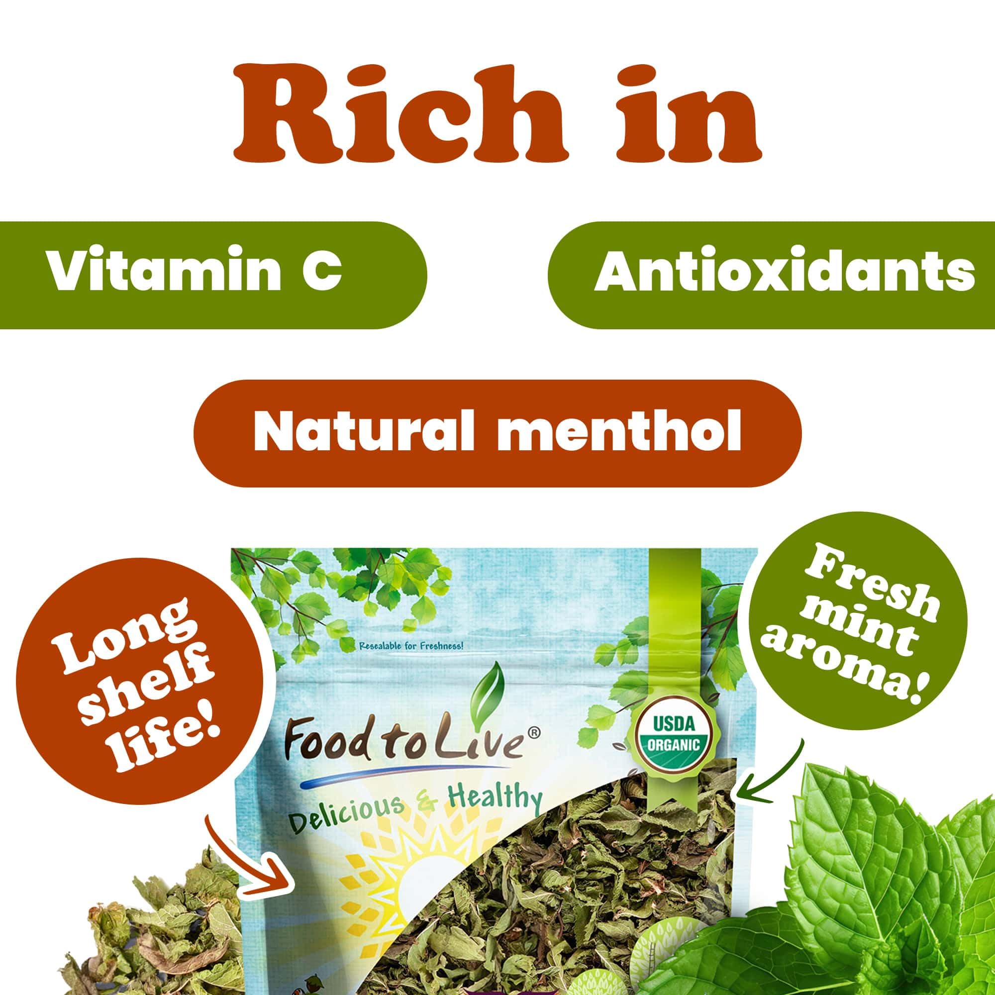 Food to Live - Organic Spearmint Leaves, 1.5 Pounds - Dried, Cut & Sifted. Great for Herbal Tea. Non-GMO. Caffeine-free. Non Irradiated. Keto.