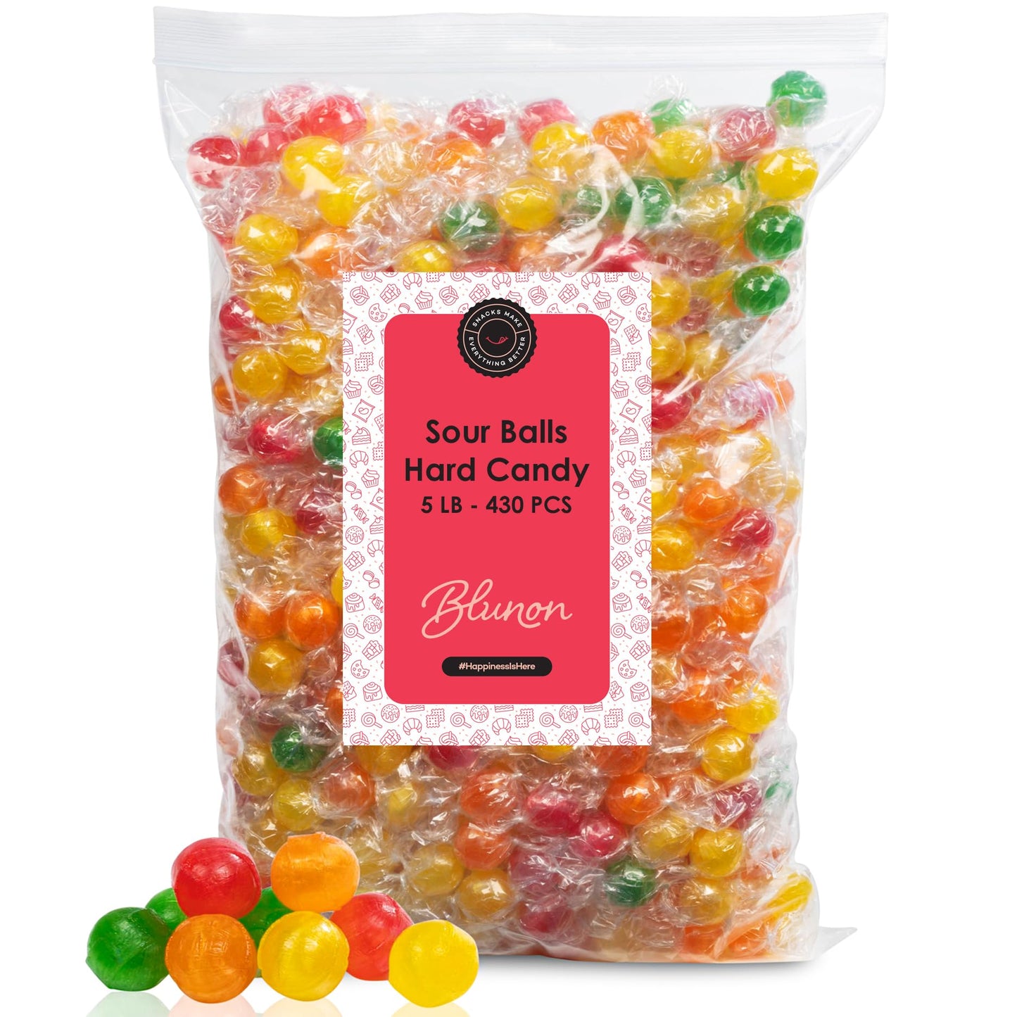 Sour Balls Hard Candy - Assorted Sweet Sour Fruit Candy Balls - 5 Pounds Individually Wrapped Candies - 430 Pieces
