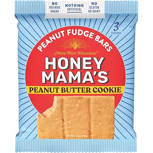 Honey Mama's, Peanut Butter Cookie Peanut Fudge Bar, NO Refined Sugar, Gluten Free, Dairy Free, Soy Free, NO Seed Oils, 2.5 Ounce, 3-Serving Bar