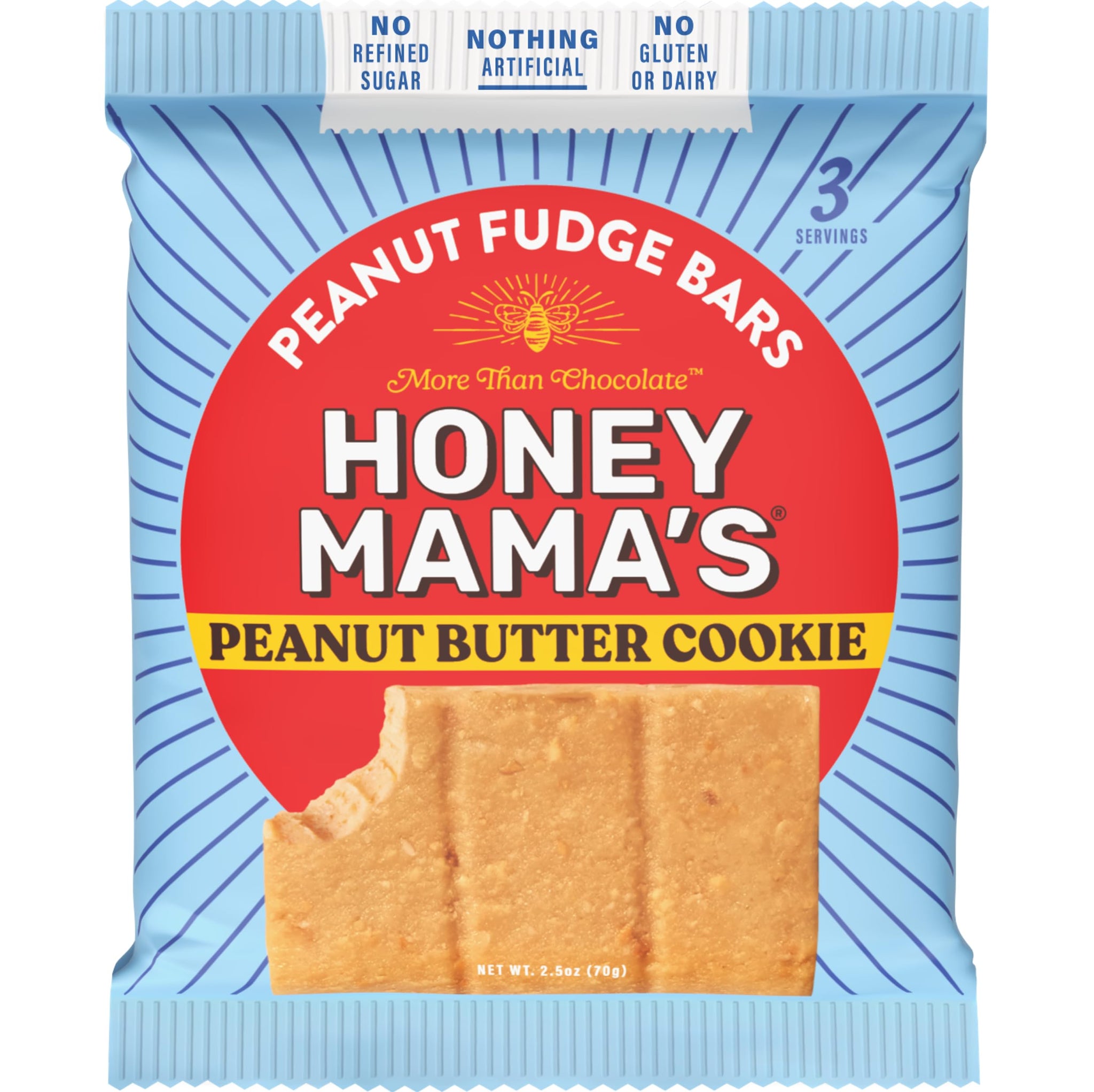 Honey Mama's, Peanut Butter Cookie Peanut Fudge Bar, NO Refined Sugar, Gluten Free, Dairy Free, Soy Free, NO Seed Oils, 2.5 Ounce, 3-Serving Bar