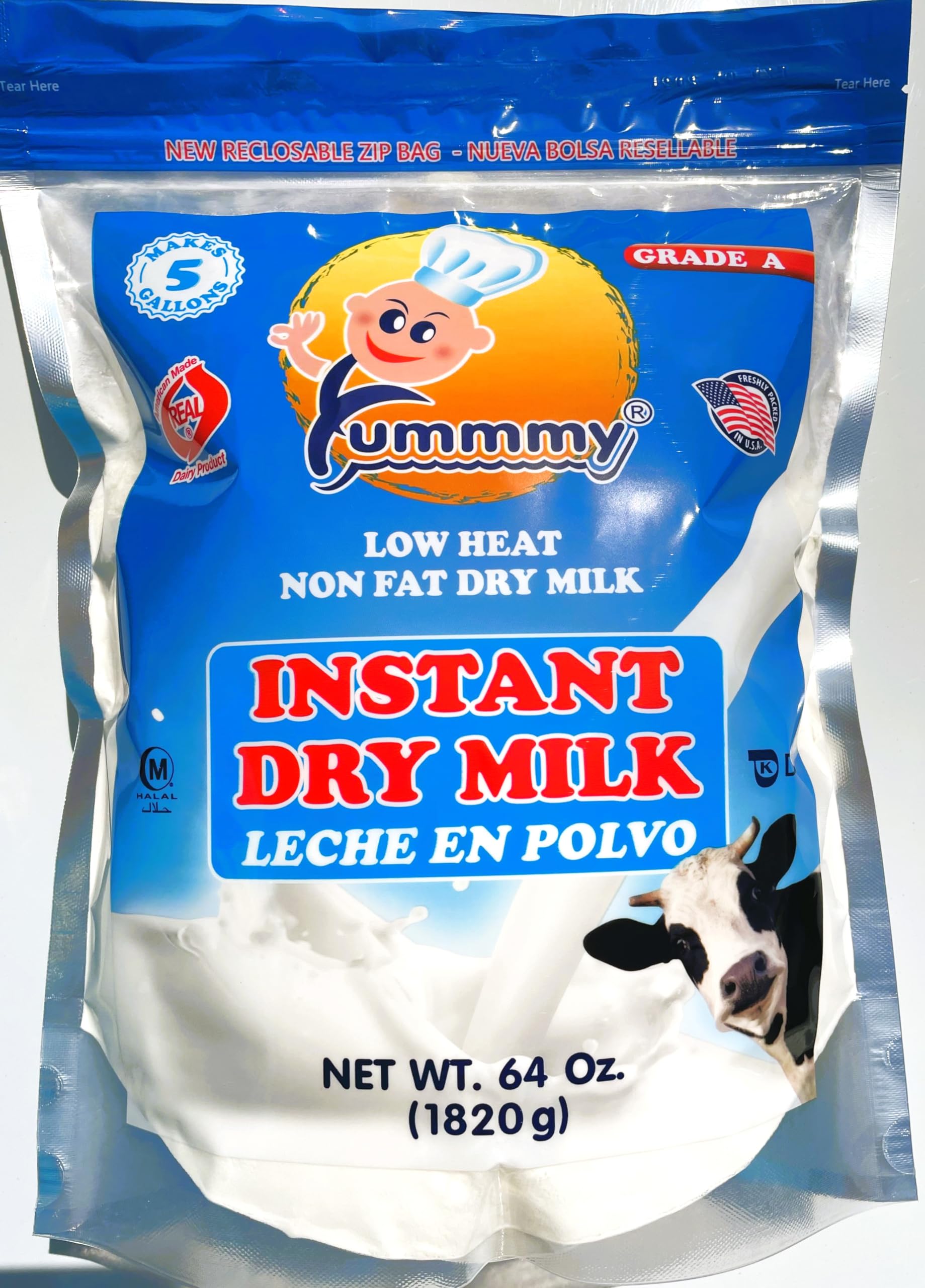 Yummmy 64 oz, Instant Nonfat Skimmed Powdered Dry Milk - Leche en polvo, 64 Oz, Grade A, Kosher Halal Certified, Made in USA