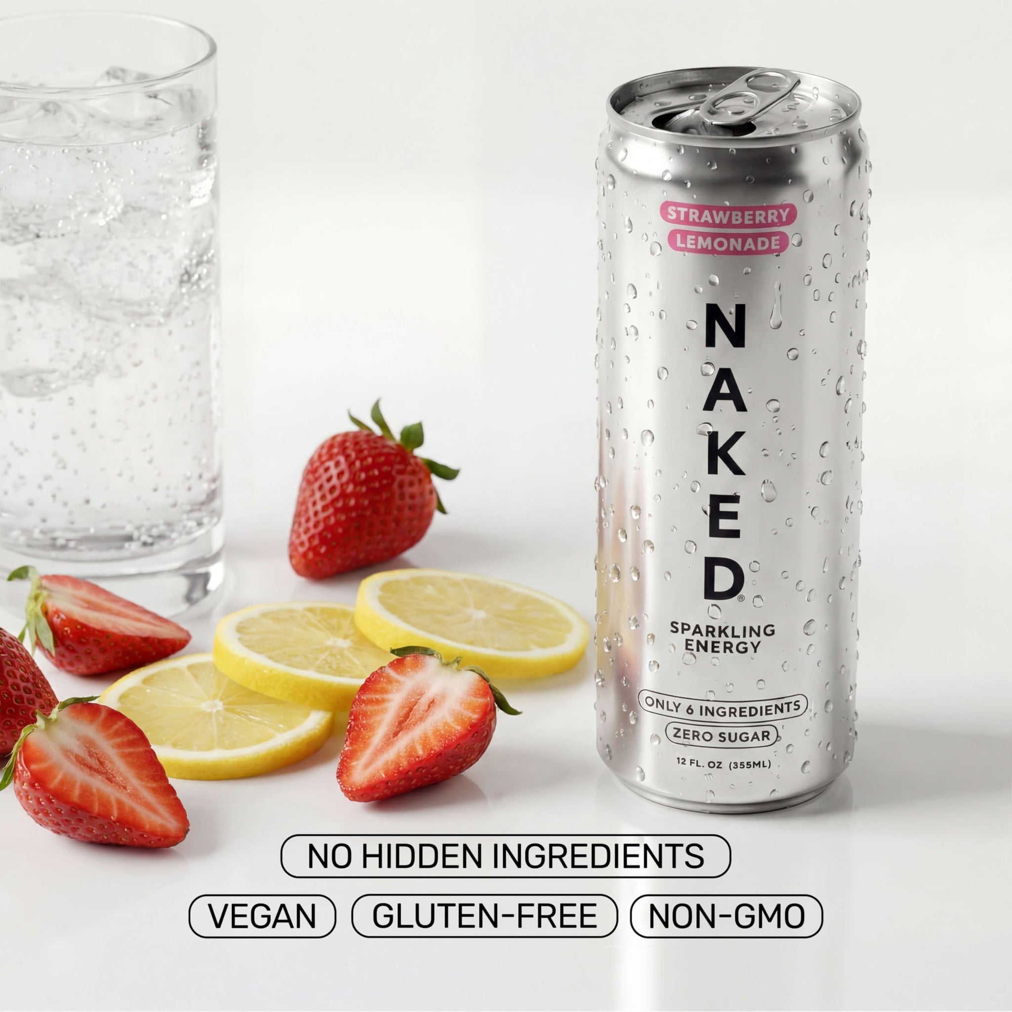 Naked Sparkling Energy Drink, Strawberry Lemonade, 12oz Cans (12 Pack)