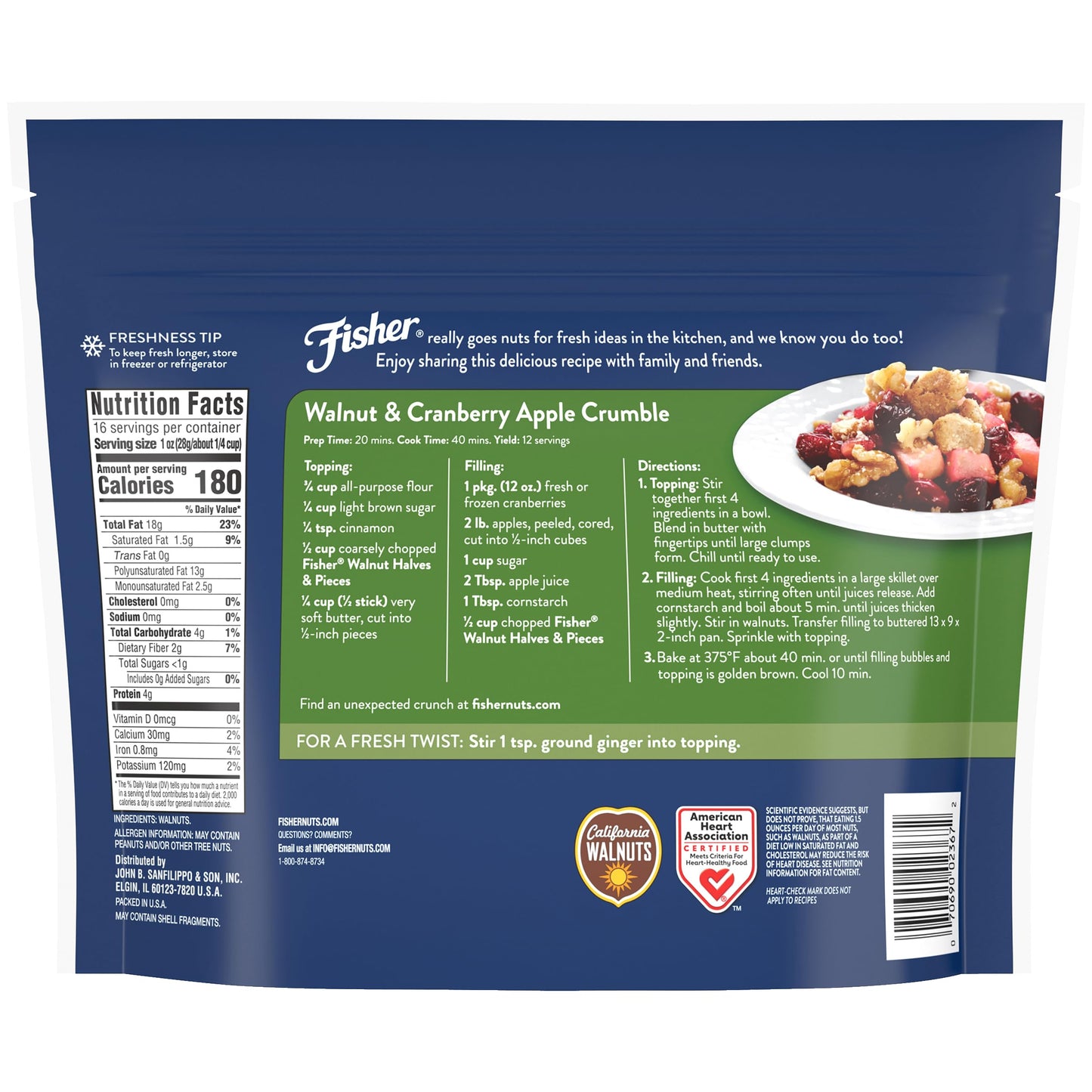 Fisher Chef's Naturals Walnut Halves & Pieces (Pack of 2) 1 Pound Bags
