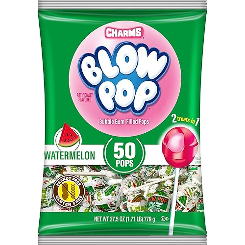 Charms Blow Pop Single Flavor Bag - Watermelon Flavored Lollipops with a Bubble Gum Center - Individually Wrapped Hard Candy - Pink Candy - Peanut