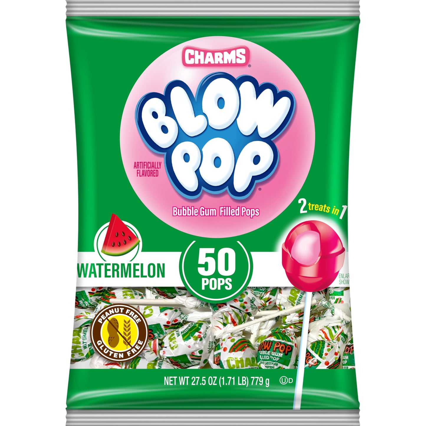 Charms Blow Pop Single Flavor Bag - Watermelon Flavored Lollipops with a Bubble Gum Center - Individually Wrapped Hard Candy - Pink Candy - Peanut