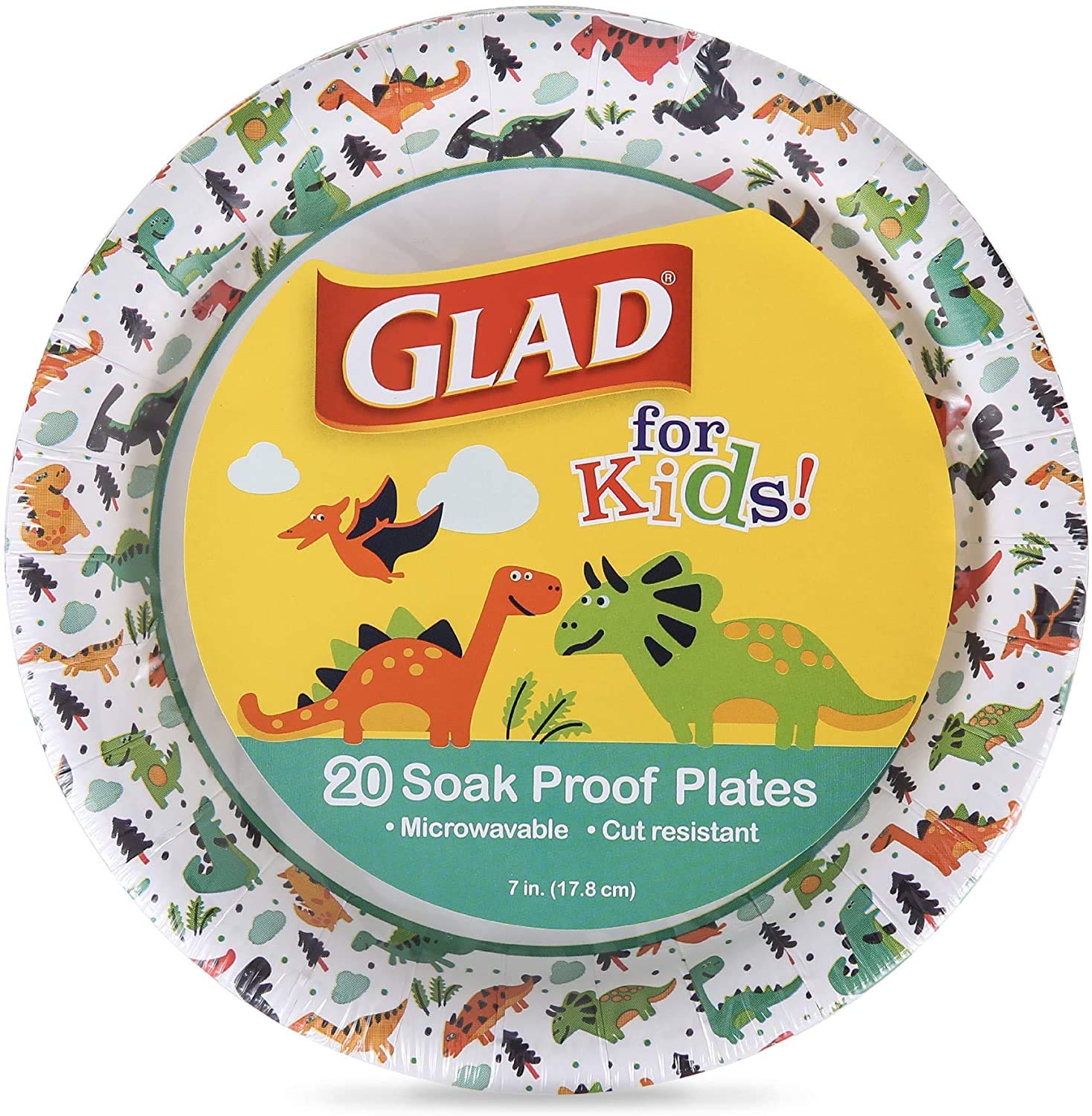Glad for Kids Dinosaur Disposable Paper Plates, Heavy Duty Soak Proof Microwave Safe Kids Plates for Snacks, Meals, and Parties, Fun Dino Design