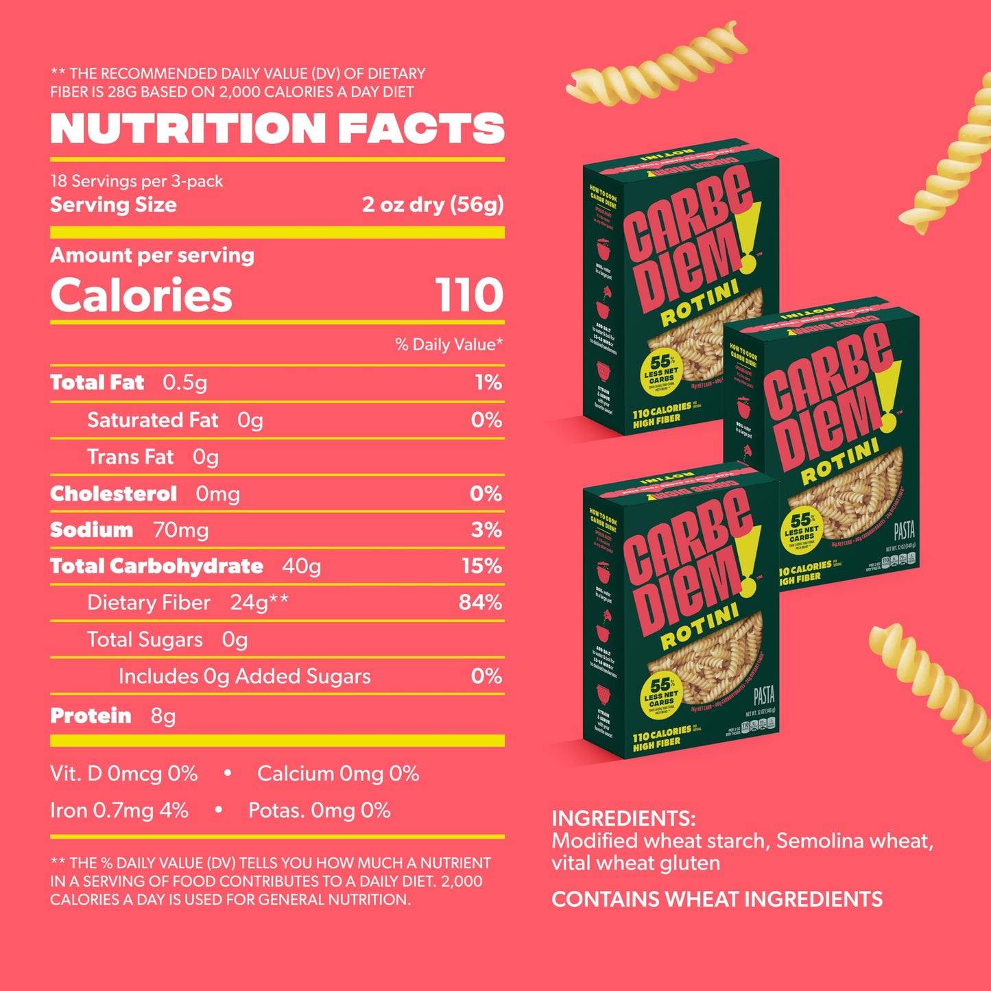 Carbe Diem!, Rotini, Lower Net Carb Pasta with Traditional Flavor & Texture, 8 grams of Protein, 55% Fewer Net Carbs & Only 110 Calories Per Serving